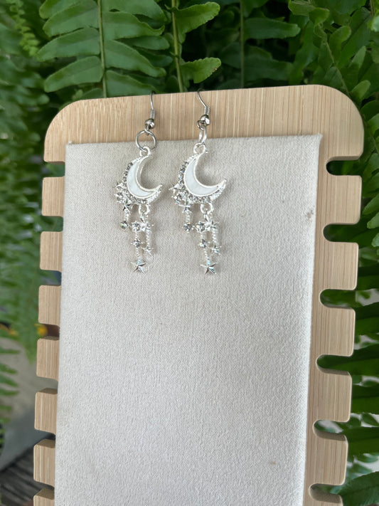 Sparking Crescent Moon & Star Earrings on silver stainless steel hooks