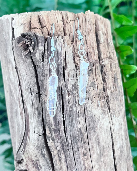 Clear Quartz Point Earrings | Hand Wire Wrapped Crystal Earrings | Silver Wire