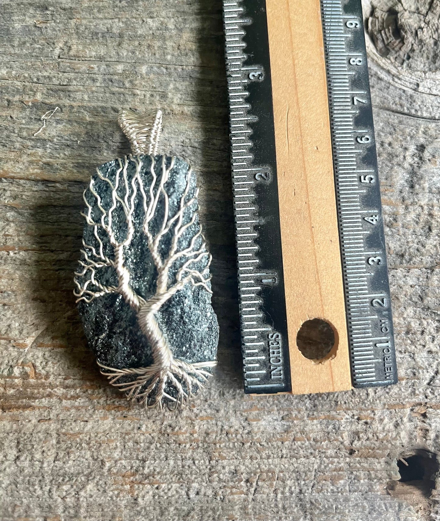 Specular Hematite pendant, silver wire, tree of life