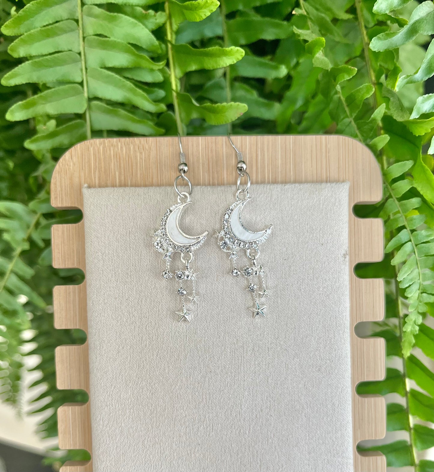 Sparking Crescent Moon & Star Earrings on silver stainless steel hooks