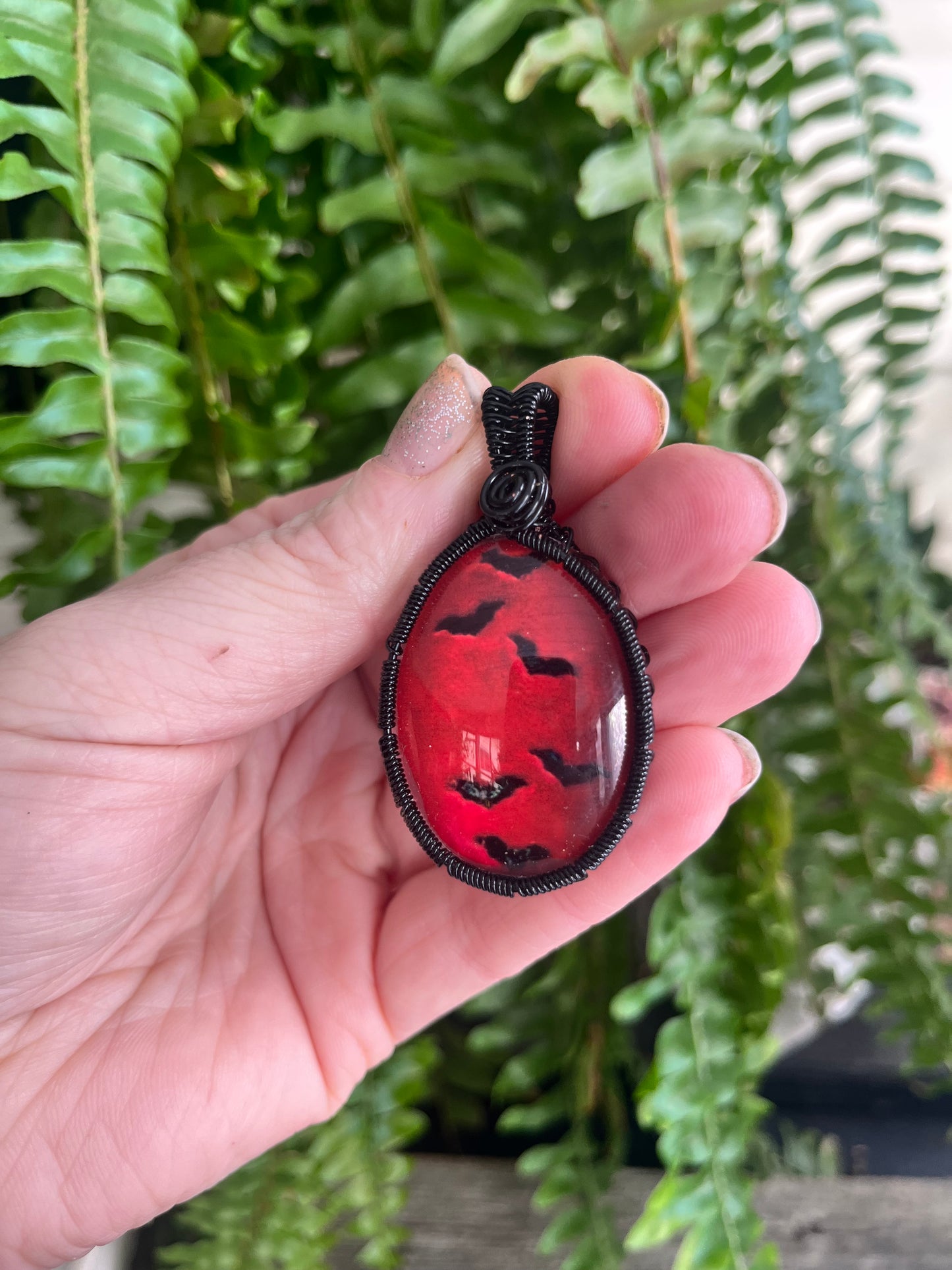 Crimson Night Bat Cabochon Necklace | Hand-Wrapped in Black Wire