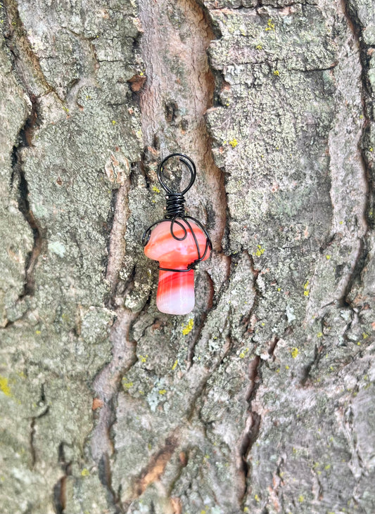 Orange Swirled Agate Mushroom in black wire, pendant necklace