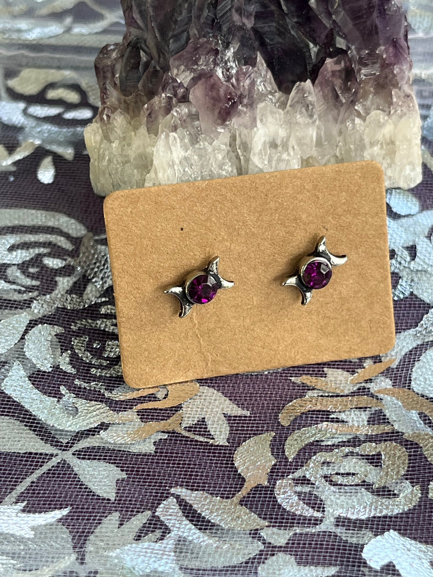 Triple Moon Purple Stone Stud Earrings