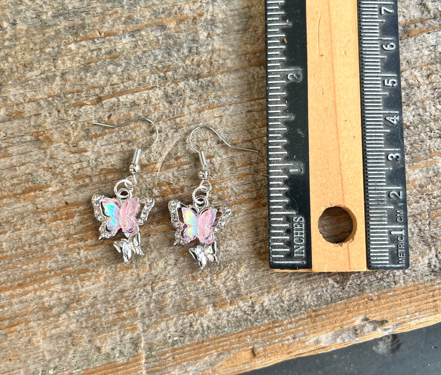 Pink & White Crystal Butterfly Earrings – Iridescent Fairy Wing Dangle Jewelry