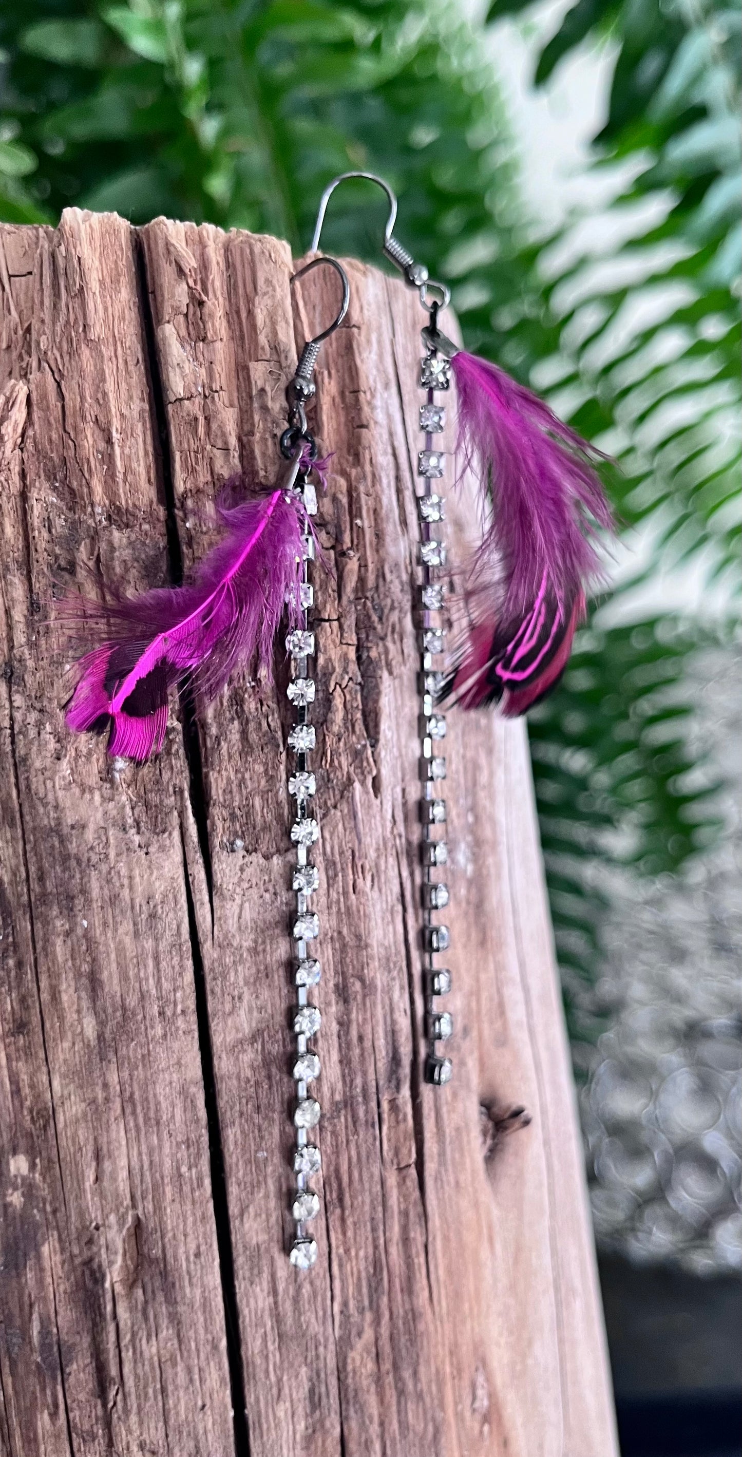 Magenta Feather & Rhinestone Chain Statement Earrings