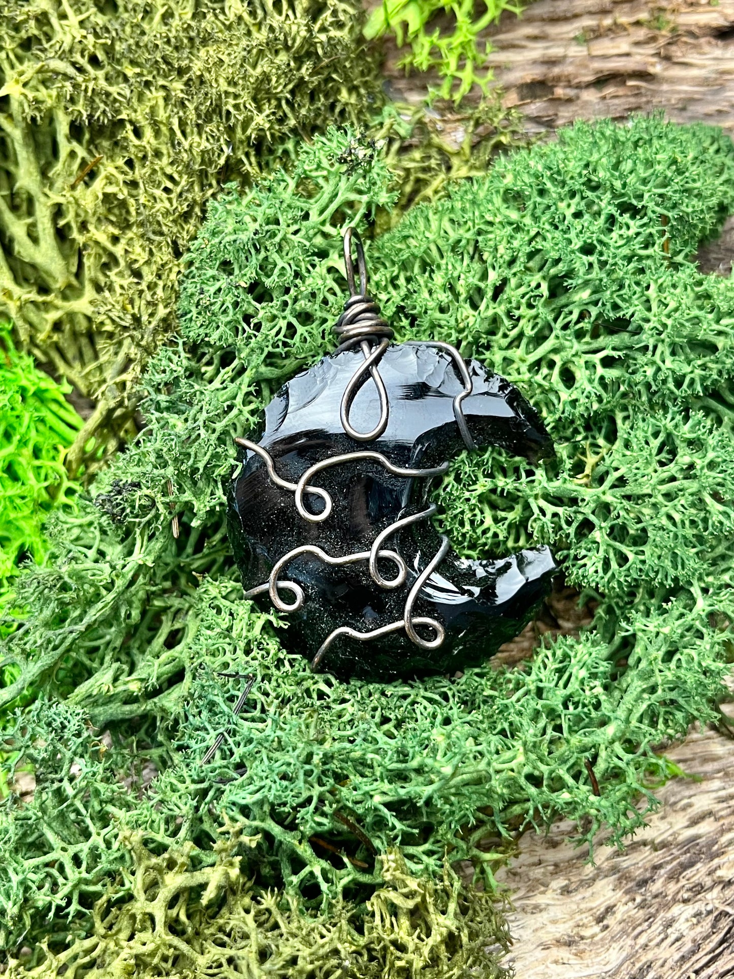 Obsidian Crescent Moon in Copper wire, pendant/necklace