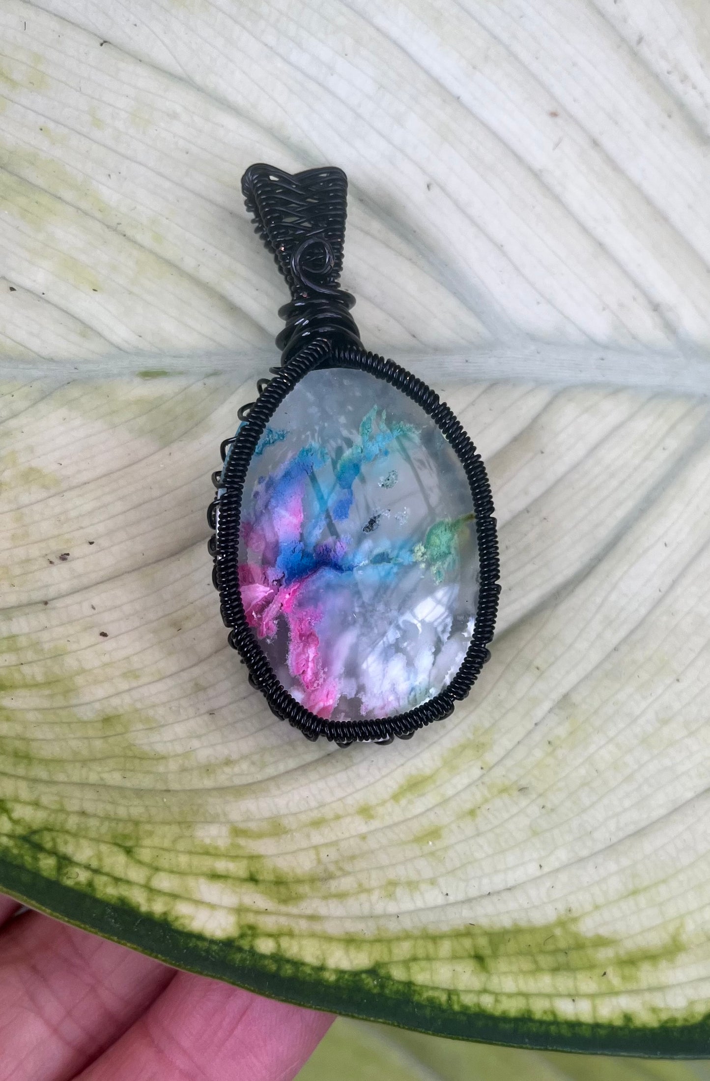 Rainbow Moss Agate Pendant – Black Wire Wrapped Crystal – Handcrafted Nature-Inspired Healing Jewelry