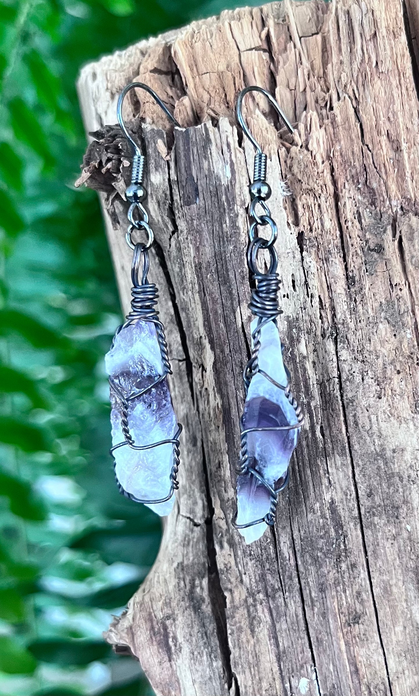 Brazilian Chevron Amethyst Crystal Point Copper Wire Wrapped Earrings | Oxidized Copper | Handmade Boho Gemstone Jewelry