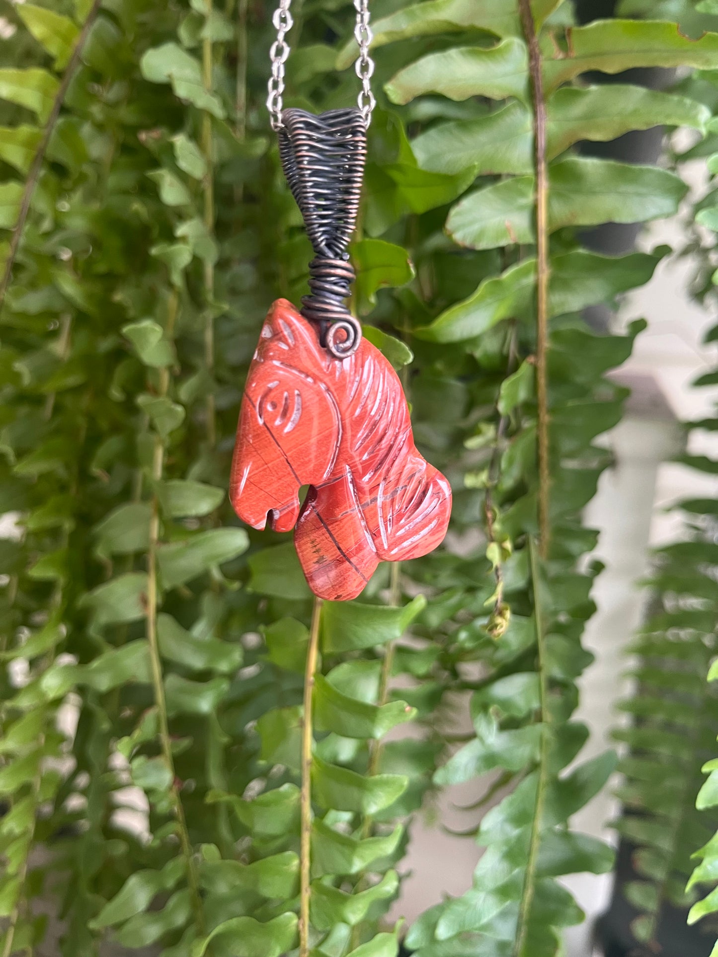 Red Jasper Carved Horse Necklace | Wire-Wrapped Bail | Strength & Grounding Stone
