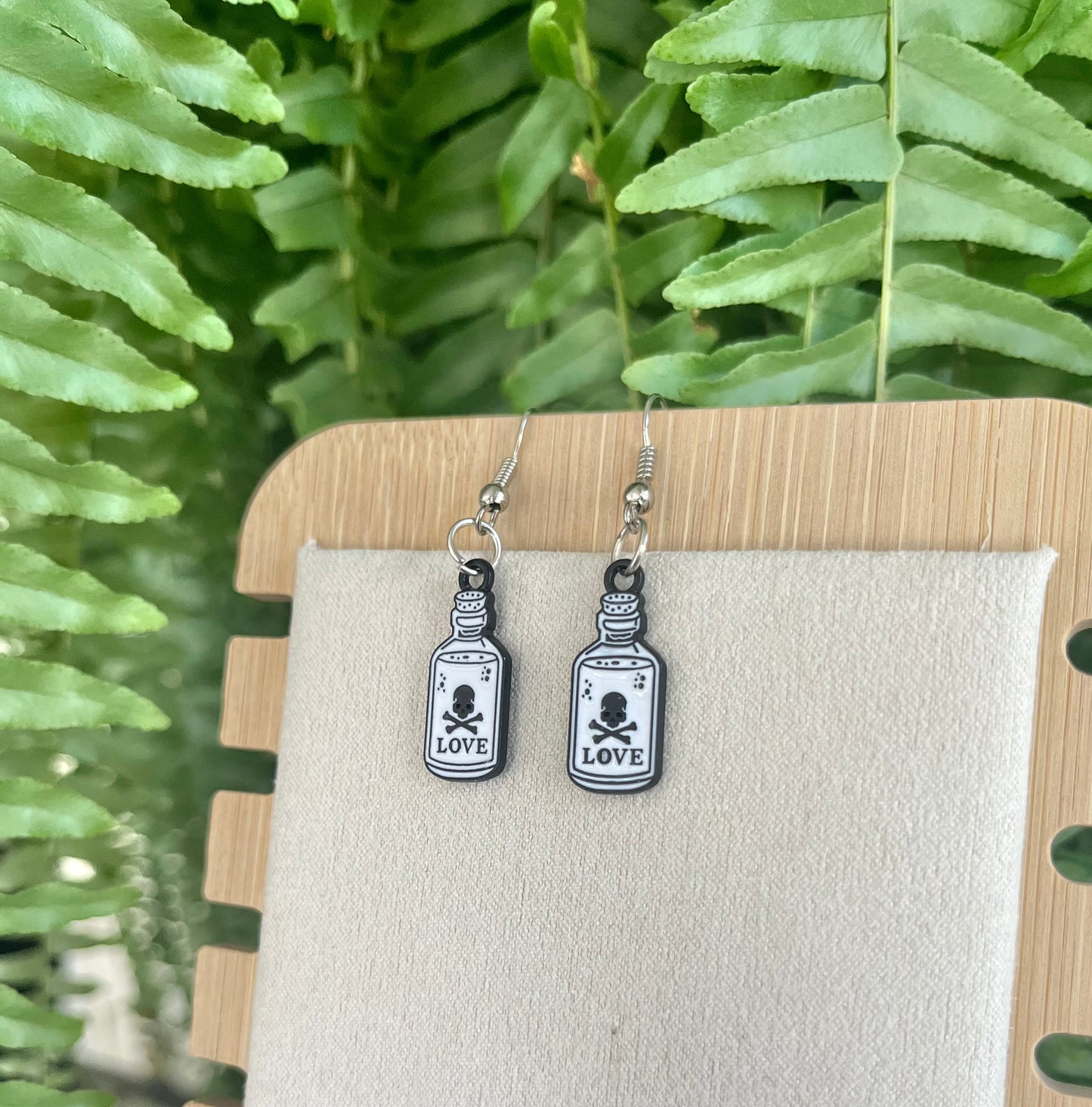 Deadly Love Potion Earrings on silver stainless steel hooks