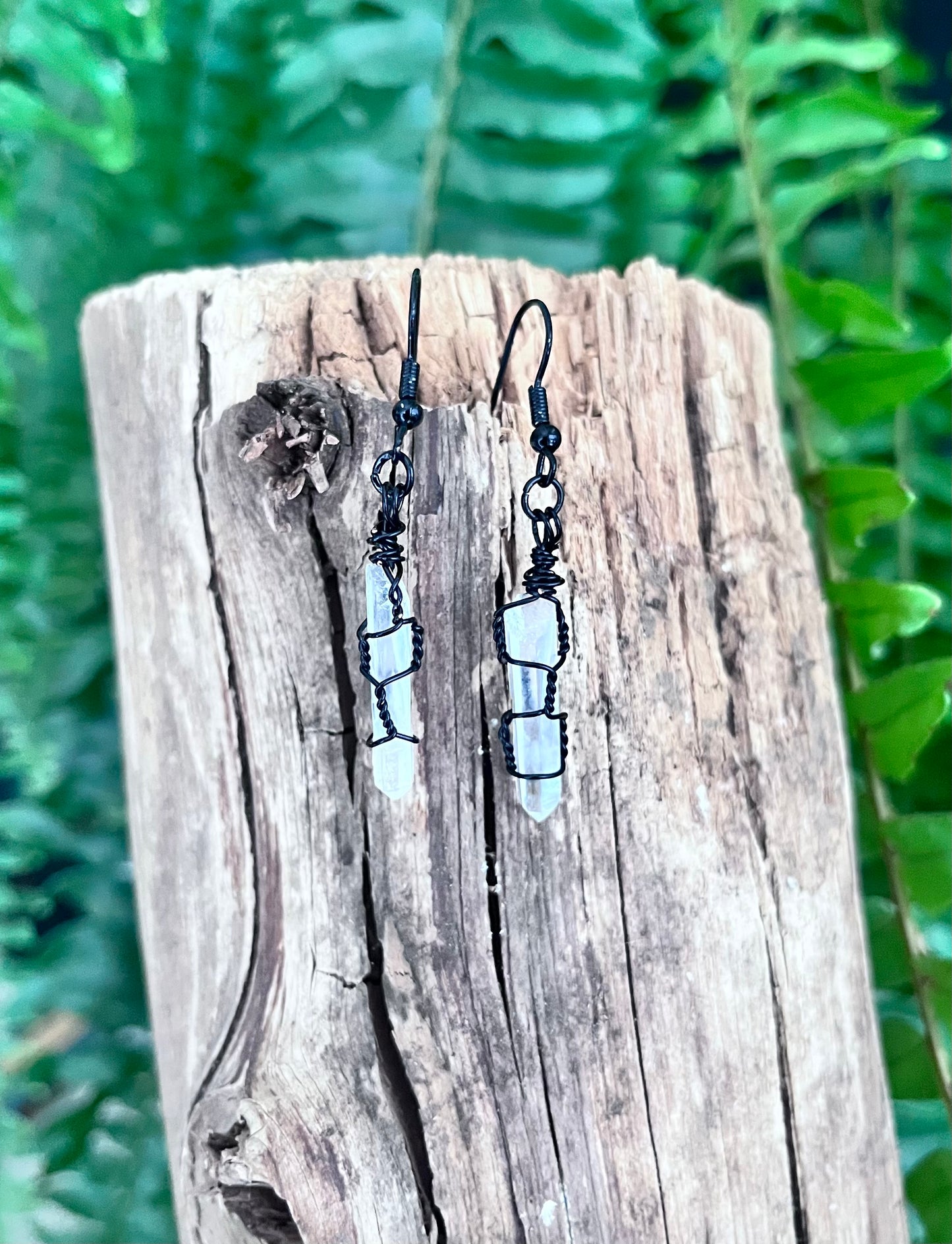 Clear Quartz Point Earrings | Hand Wire Wrapped Crystal Earrings | Black Wire