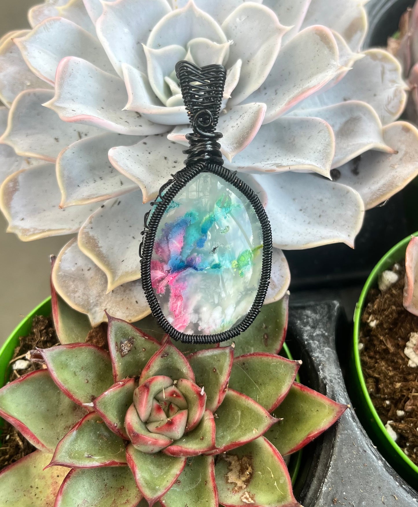 Rainbow Moss Agate Pendant – Black Wire Wrapped Crystal – Handcrafted Nature-Inspired Healing Jewelry