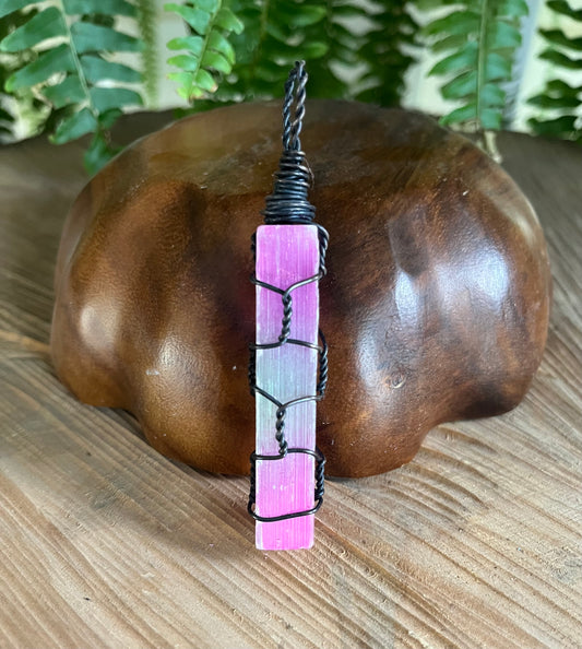 Rainbow Selenite in copper wire pendant necklace