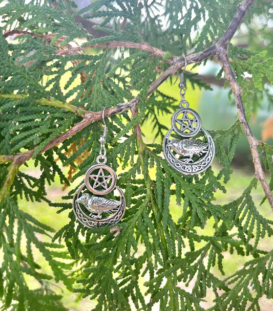 Raven on Crescent Moon Earrings on silver stainless steel hooks