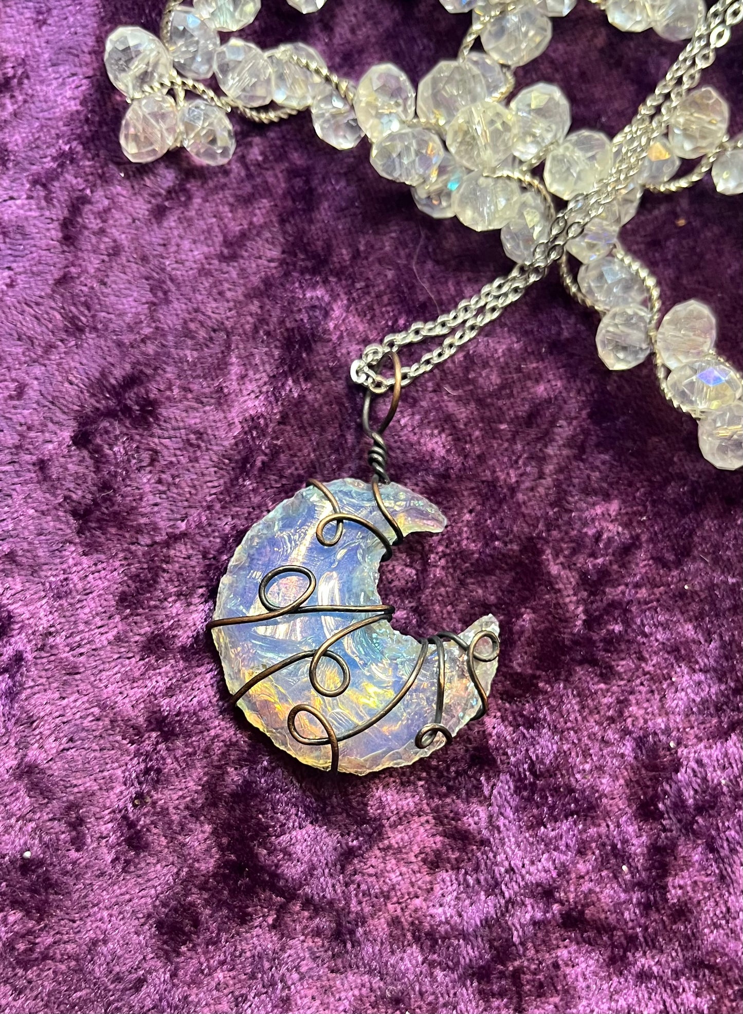 Iridescent Crescent Opalite Pendant — Hand-Wrapped in “Antiqued” Copper Wire