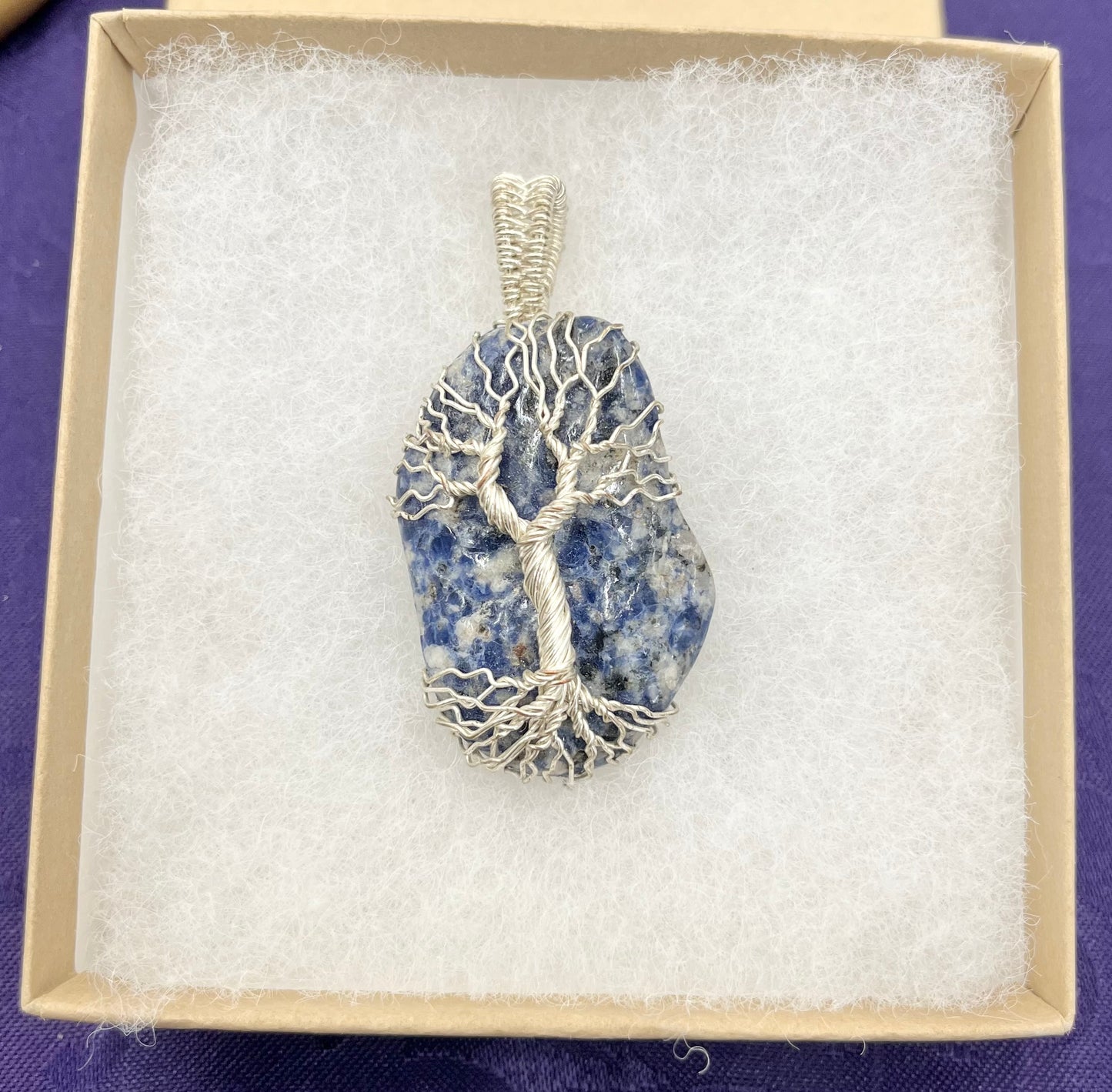 Sodalite Tree of Life pendant necklace in silver wire