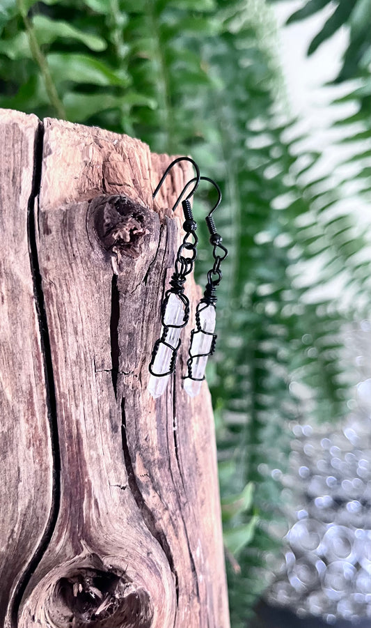 Clear Quartz Point Earrings | Hand Wire Wrapped Crystal Earrings | Black Wire