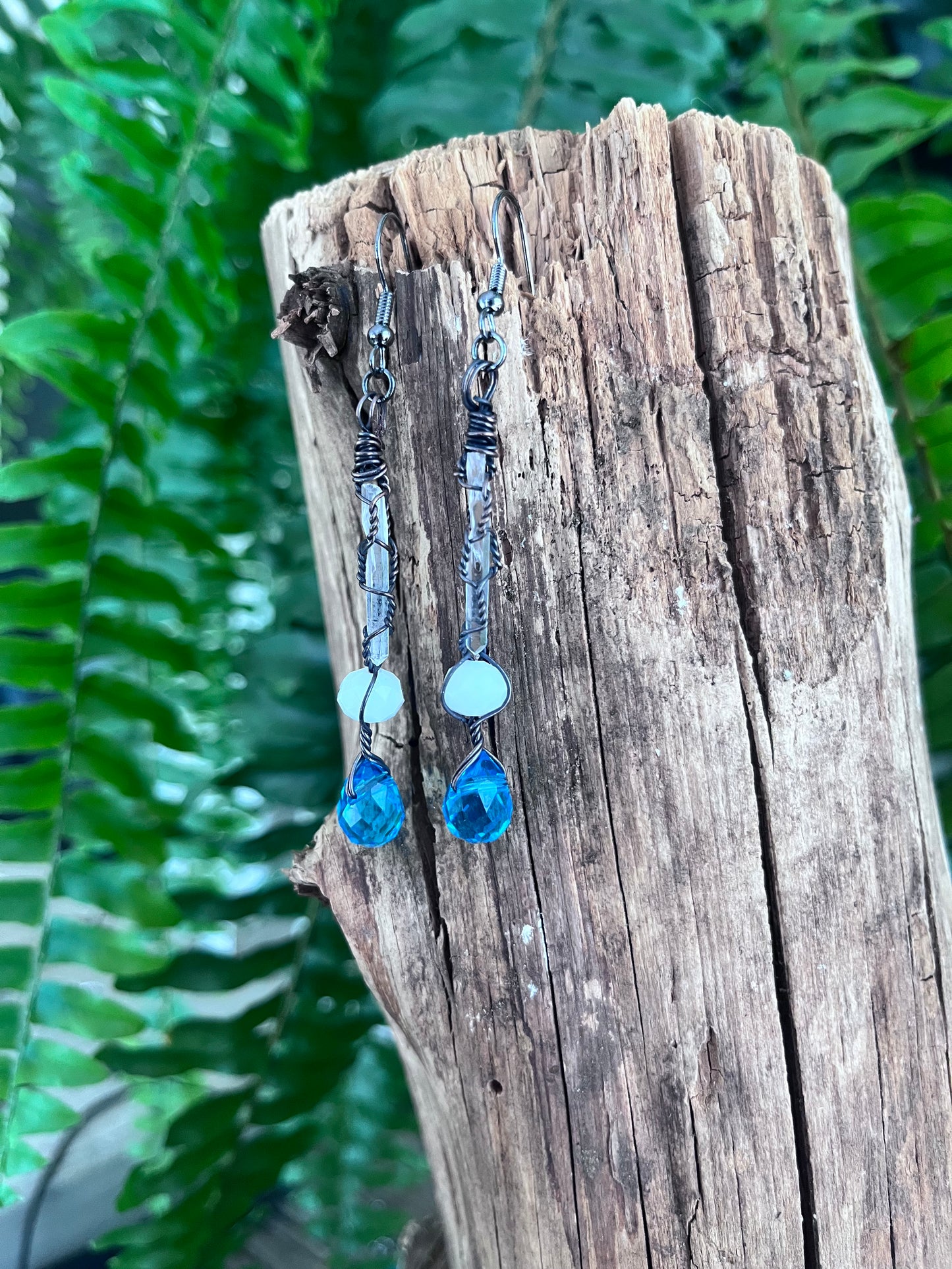 Clear Quartz Spear & Blue Crystal Drop Earrings
