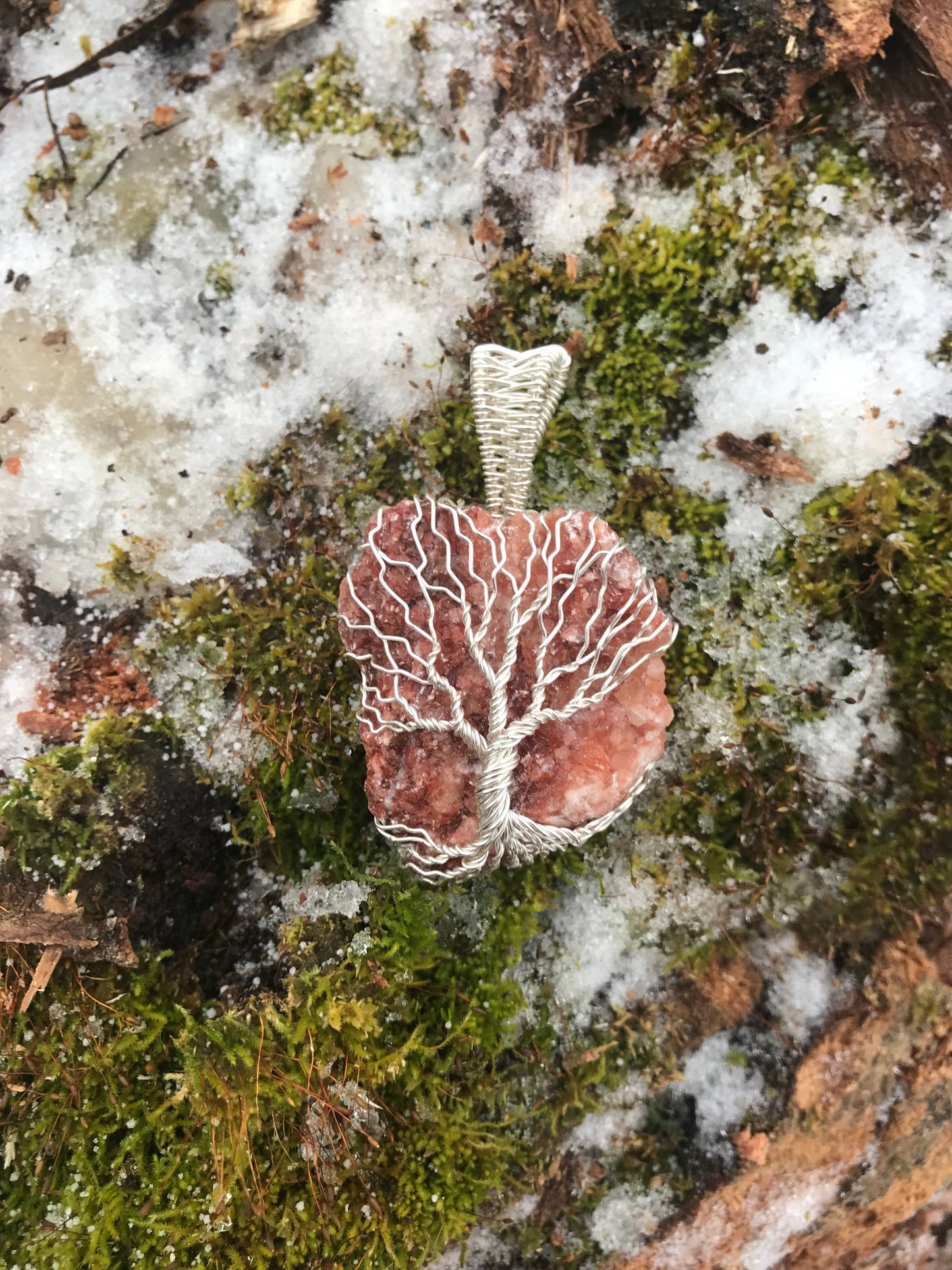 Orange/Red Calcite Tree of Life in Silver