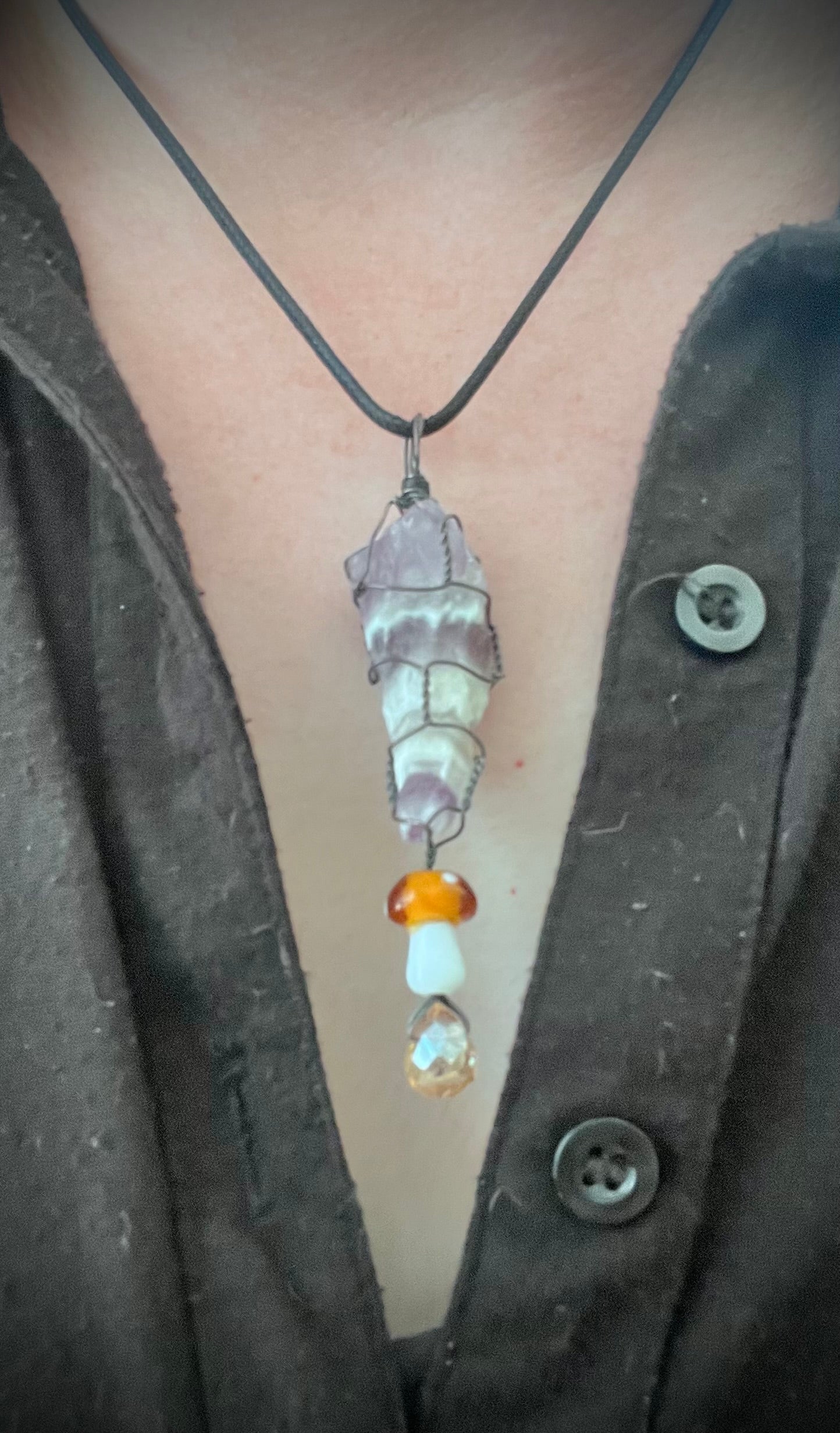 Brazilian Chevron Amethyst Mushroom Wire-Wrapped Pendant