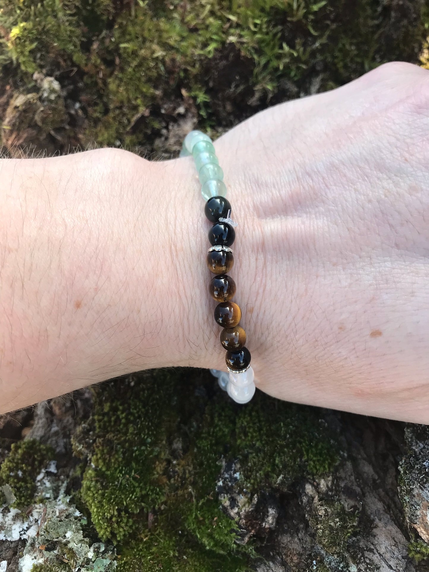 “Cancer Healing & Hope” Stretchy Bracelet with Fluorite, Tigers Eye, Selenite, and Obsidian