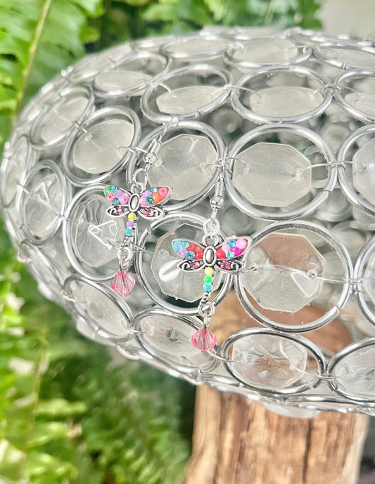 Colorful Dragonfly Pink Dangle Earrings – Whimsical Fairy Garden Jewelry