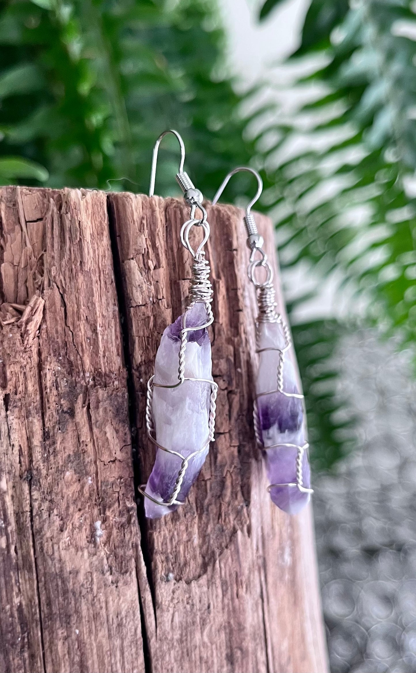 Brazilian Chevron Amethyst Wire Wrapped Earrings, Silver Wire