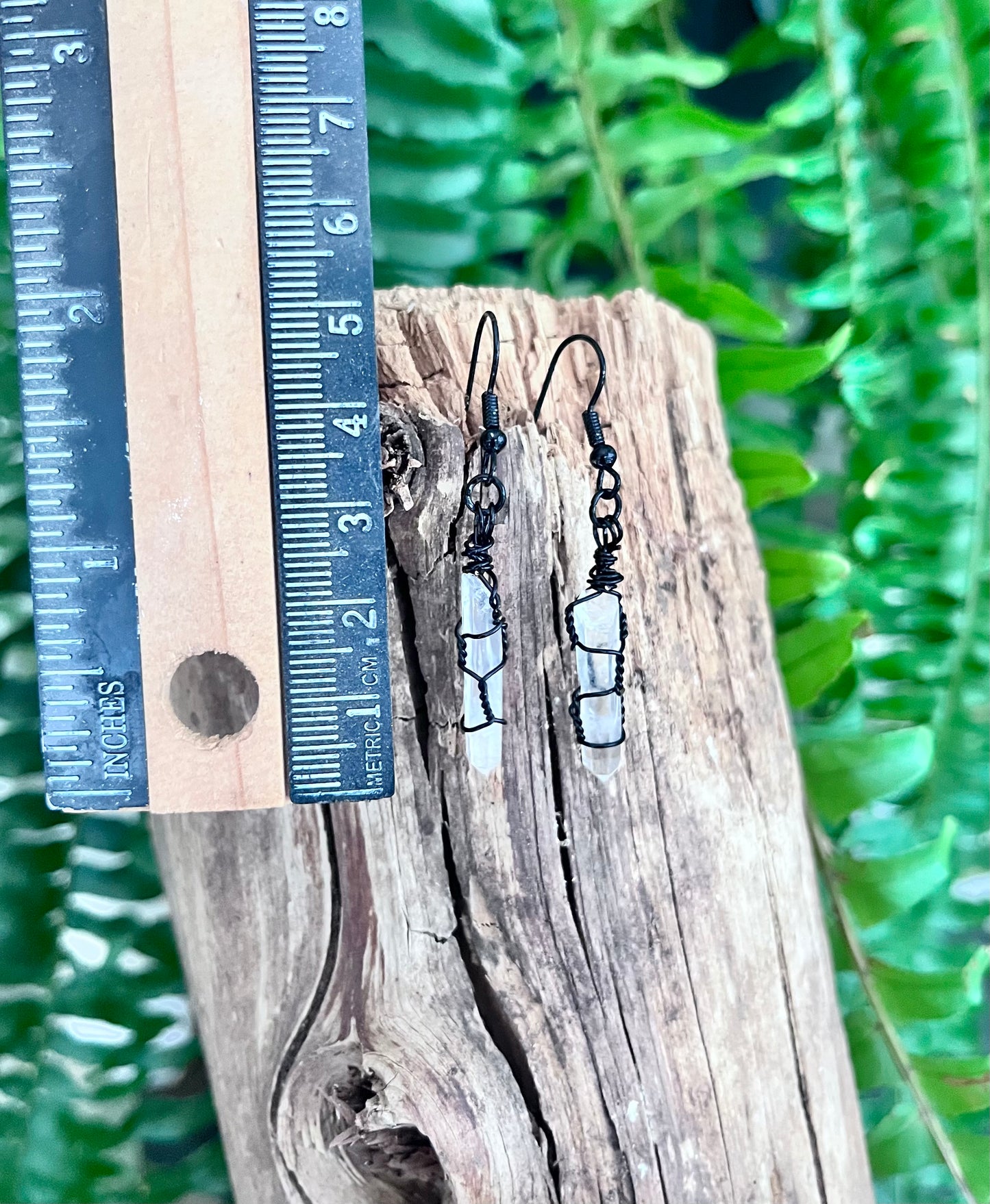 Clear Quartz Point Earrings | Hand Wire Wrapped Crystal Earrings | Black Wire