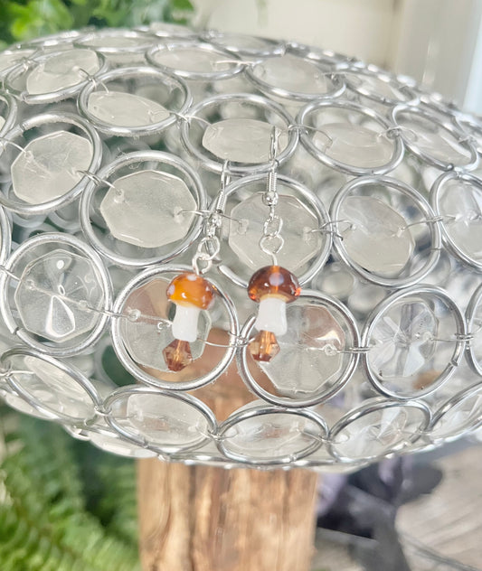 Handmade Glass Mushroom Earrings with Brown Crystal Drops | Whimsical Fairycore Jewelry