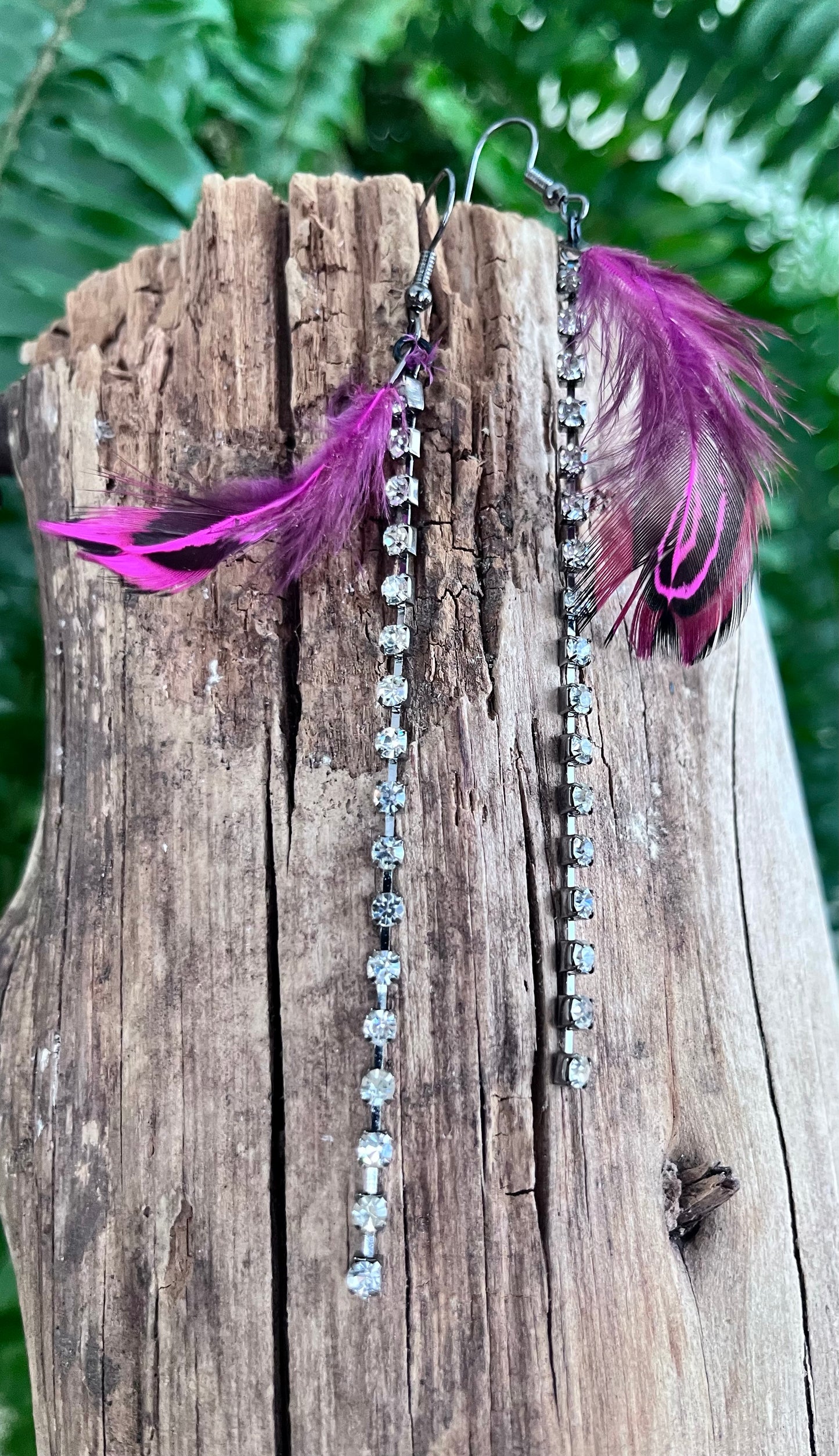 Magenta Feather & Rhinestone Chain Statement Earrings