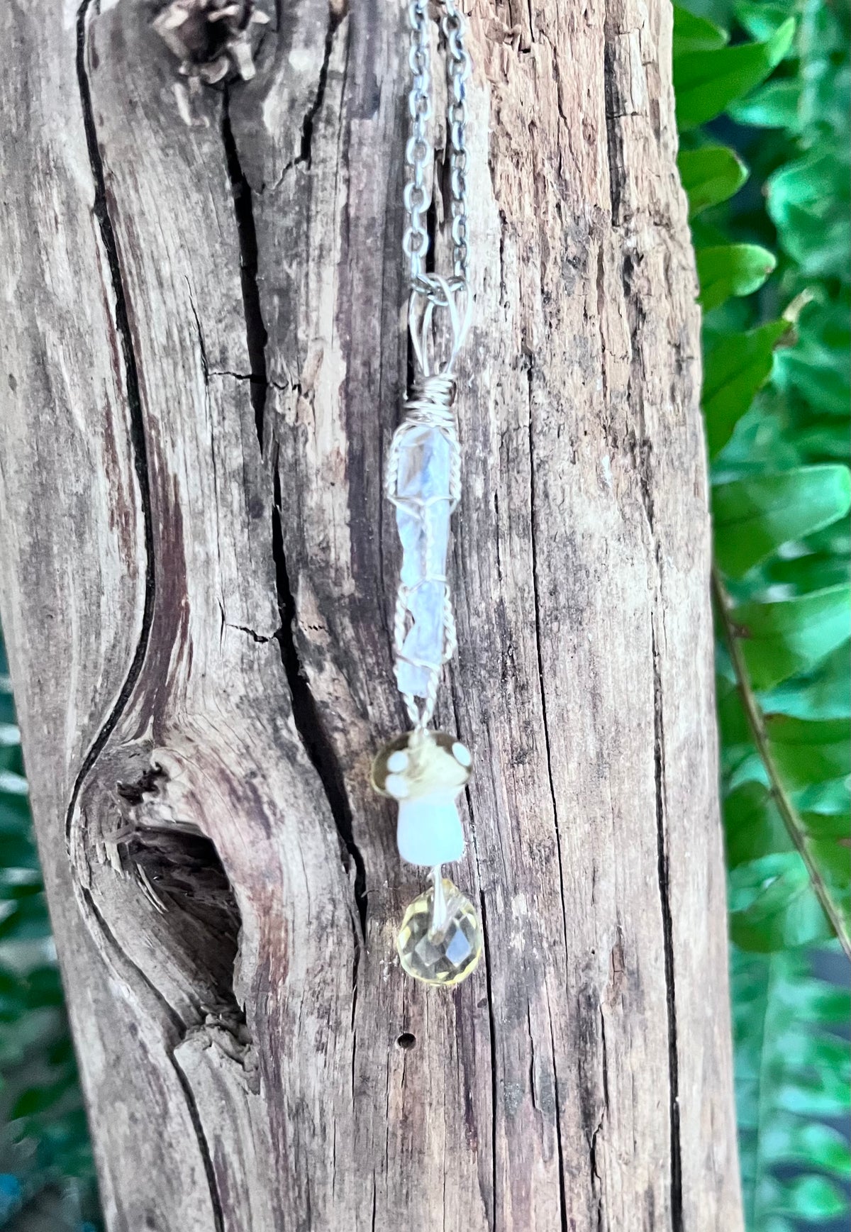 Wire Wrapped Clear Quartz Spear, Glass Mushroom & Crystal Pendant – Silver