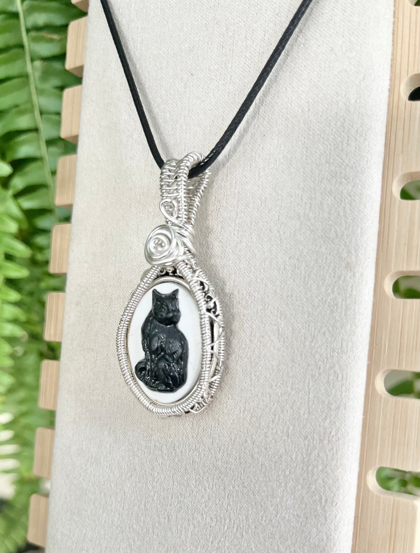 Choose Your Own Gothic Animal Cameo Pendant - Bat, Raven, Cat - Wrapped in Black, Silver, or Copper Wire