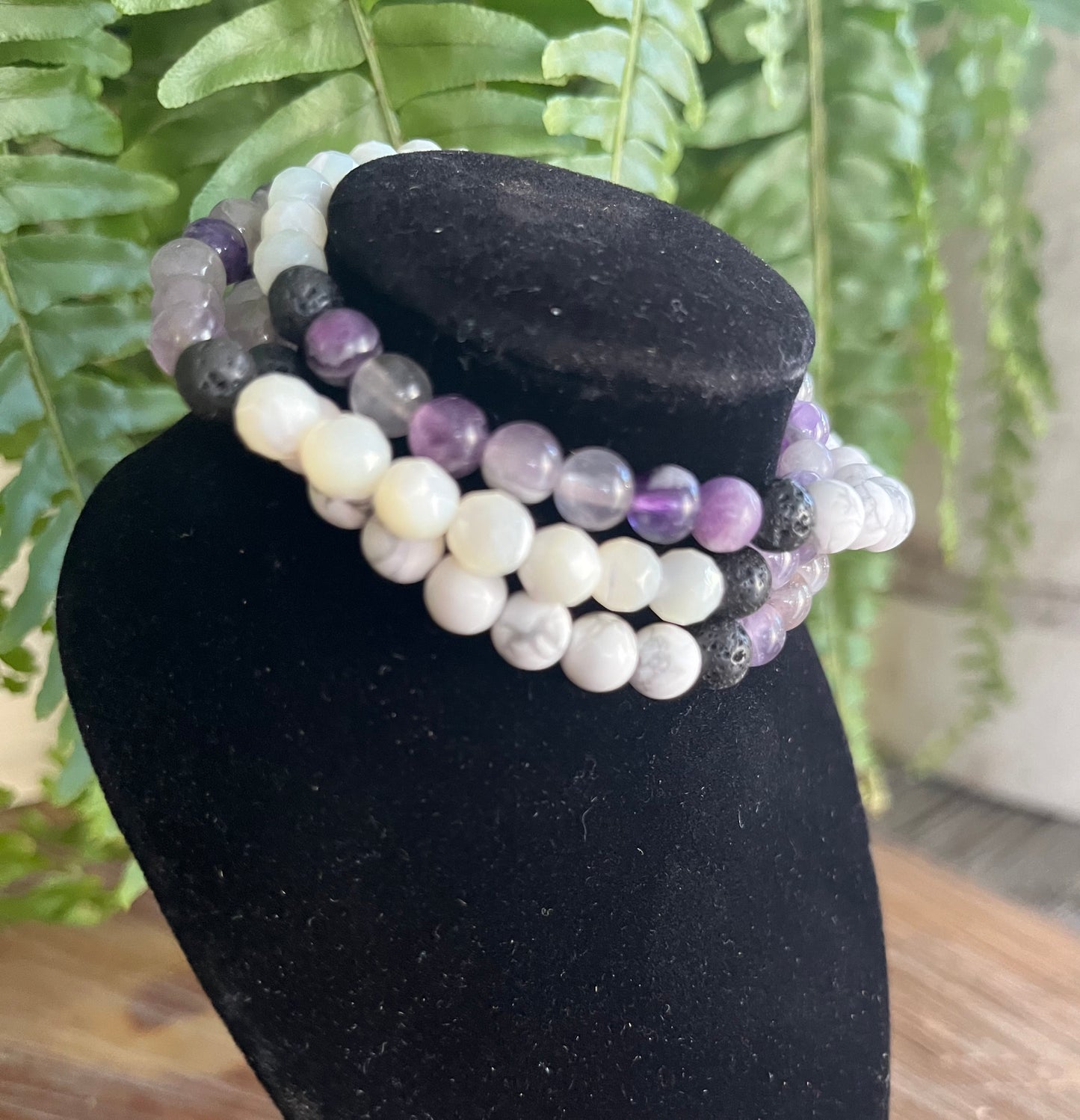 “Reduce Anxiety” Stretchy Bracelet with Amethyst, Howlite, Moonstone, & Lava Beads