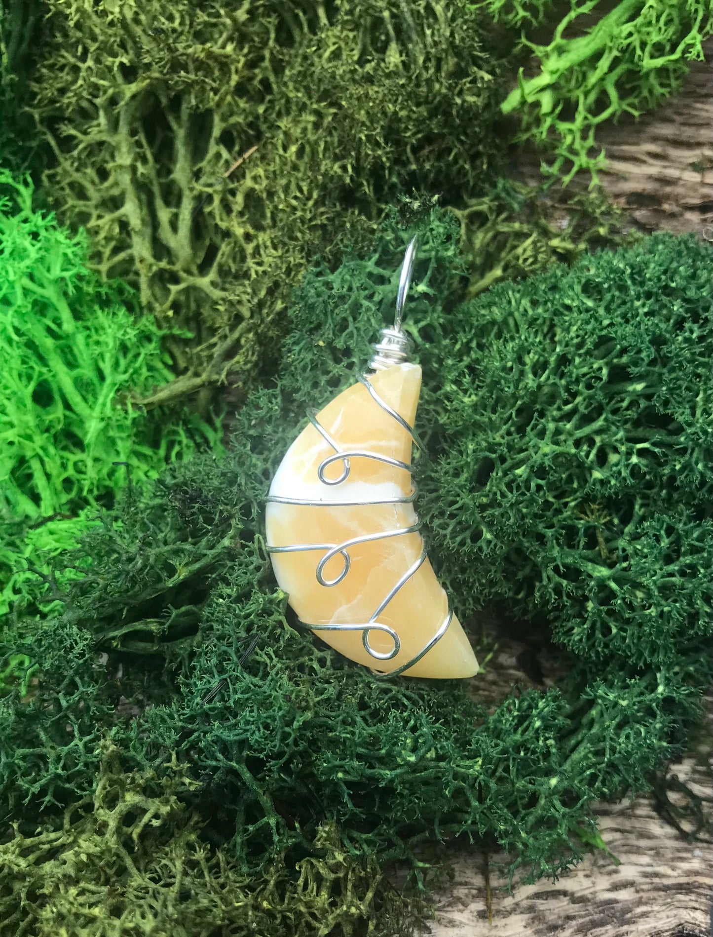 Cream & Beige Calcite Crescent Moon in silver wire, pendant necklace