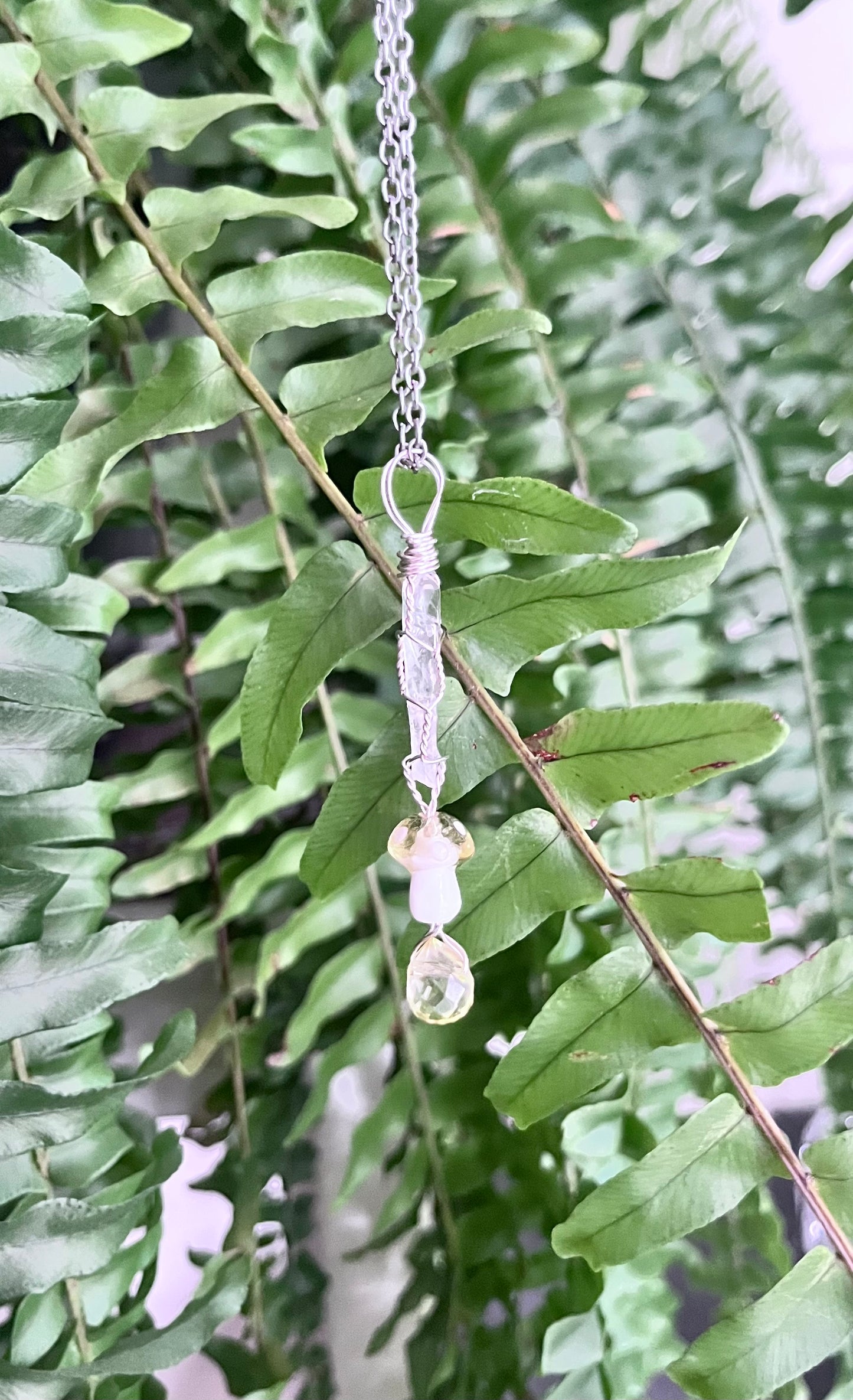 Wire Wrapped Clear Quartz Spear, Glass Mushroom & Crystal Pendant – Silver