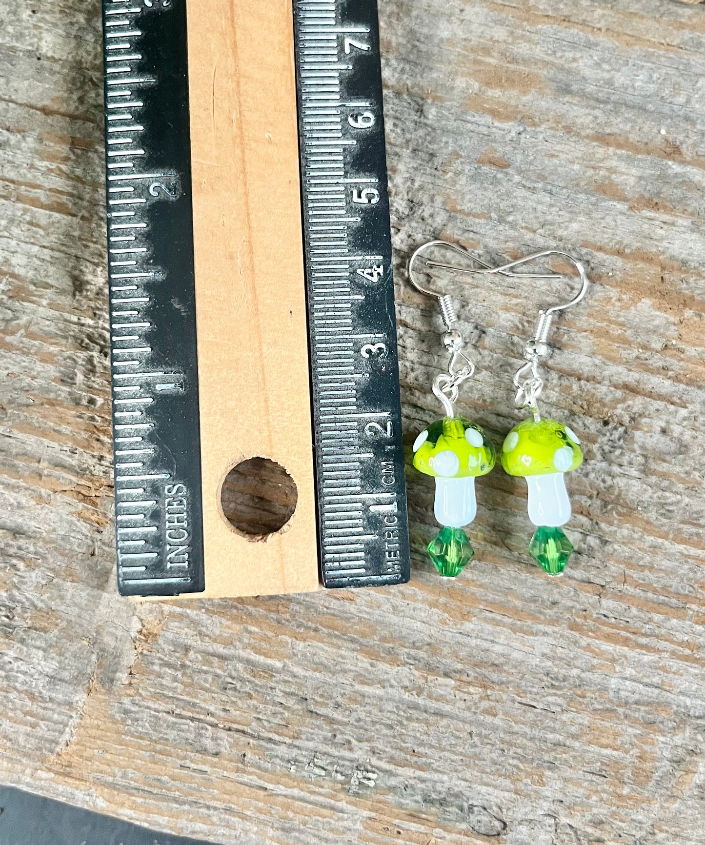 Handmade Glass Mushroom Earrings with Green Crystal Drops | Whimsical Fairycore Jewelry
