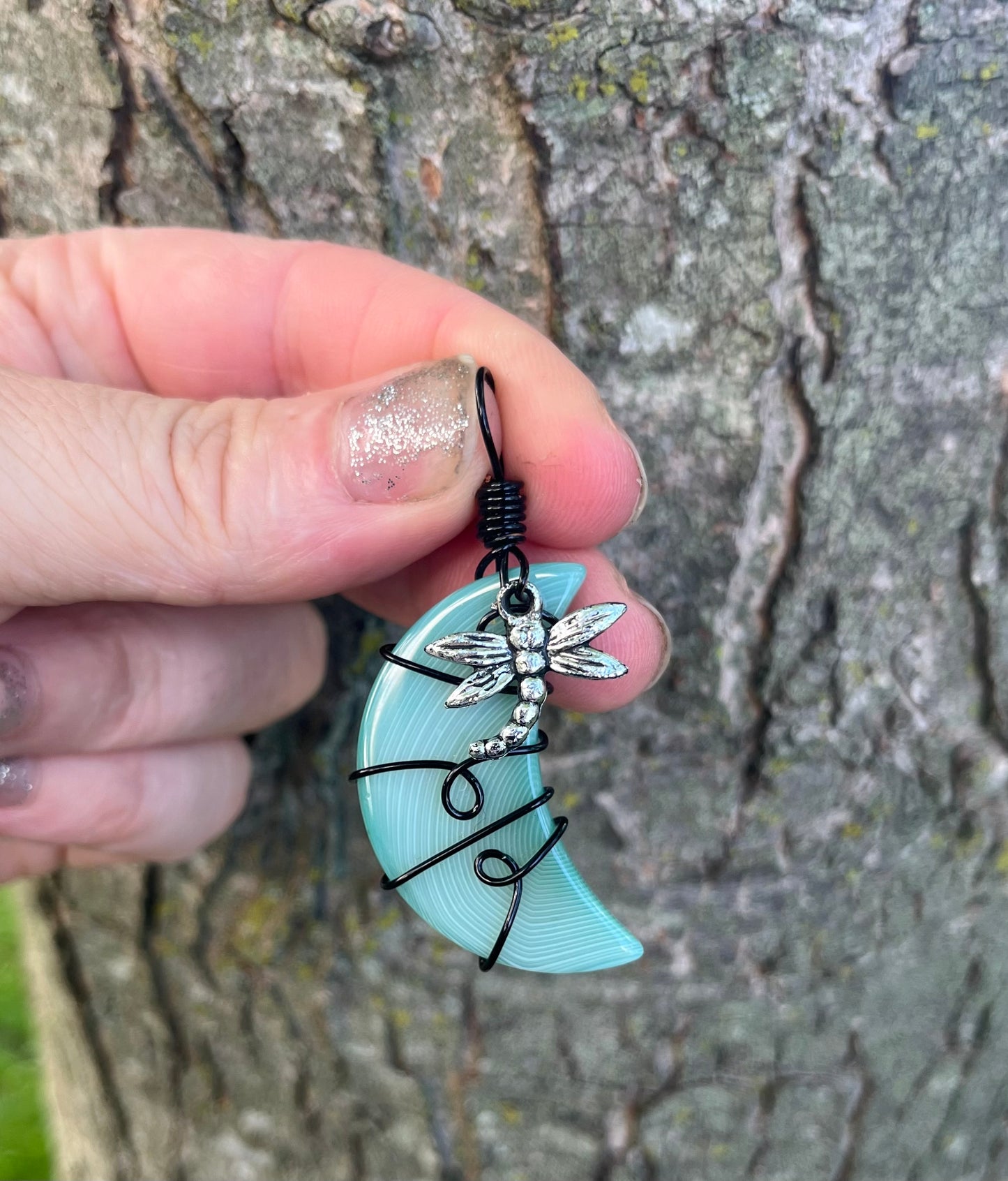 Green Striped Agate Crescent Moon with Dragonfly in black wire