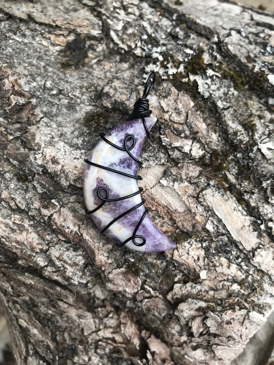 Chevron Amethyst Crescent Moon Pendant | Black Wire Wrapped Crystal