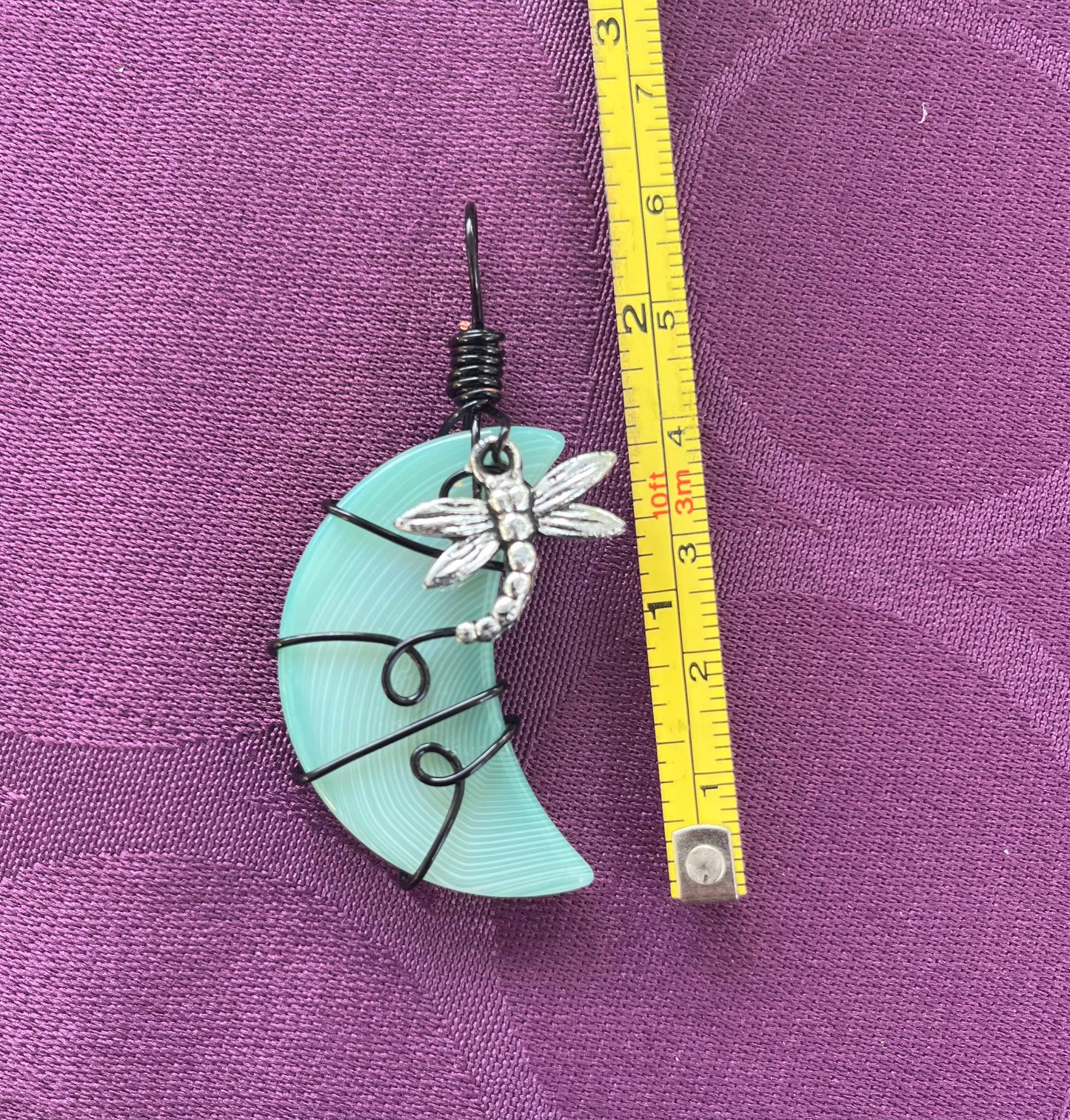 Green Striped Agate Crescent Moon with Dragonfly in black wire