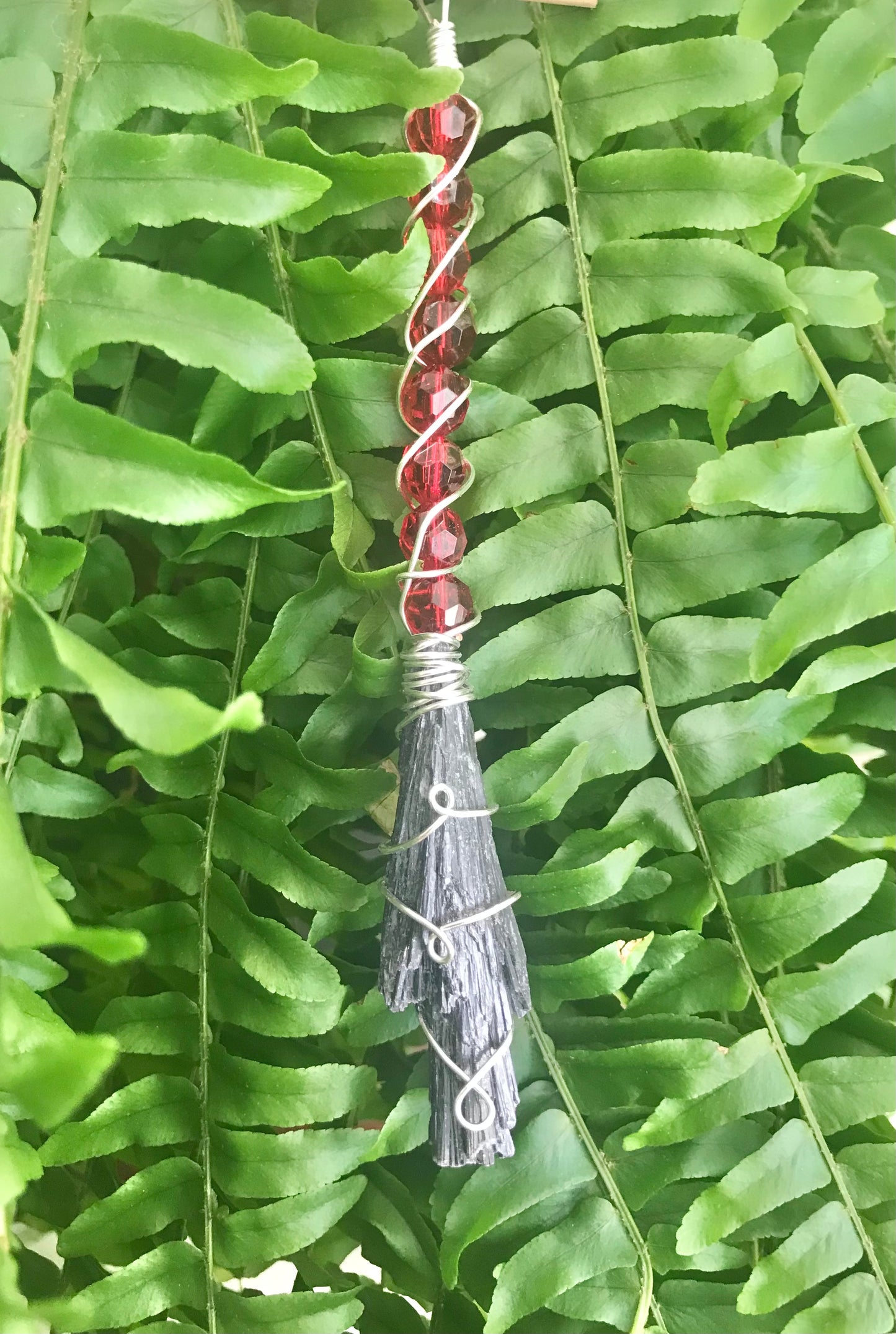 Black Kyanite Broom in silver wire with red beads