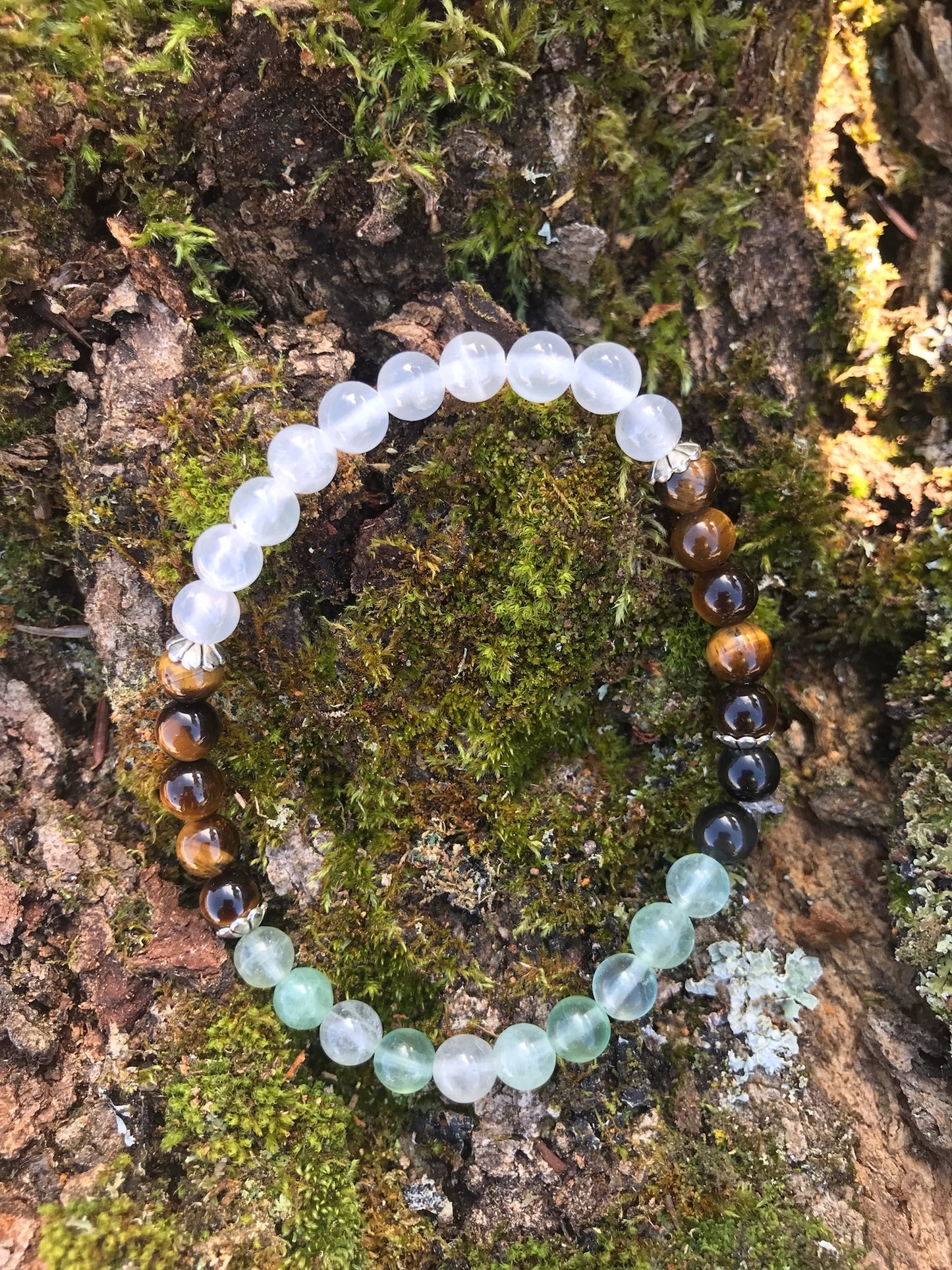 “Cancer Healing & Hope” Stretchy Bracelet with Fluorite, Tigers Eye, Selenite, and Obsidian