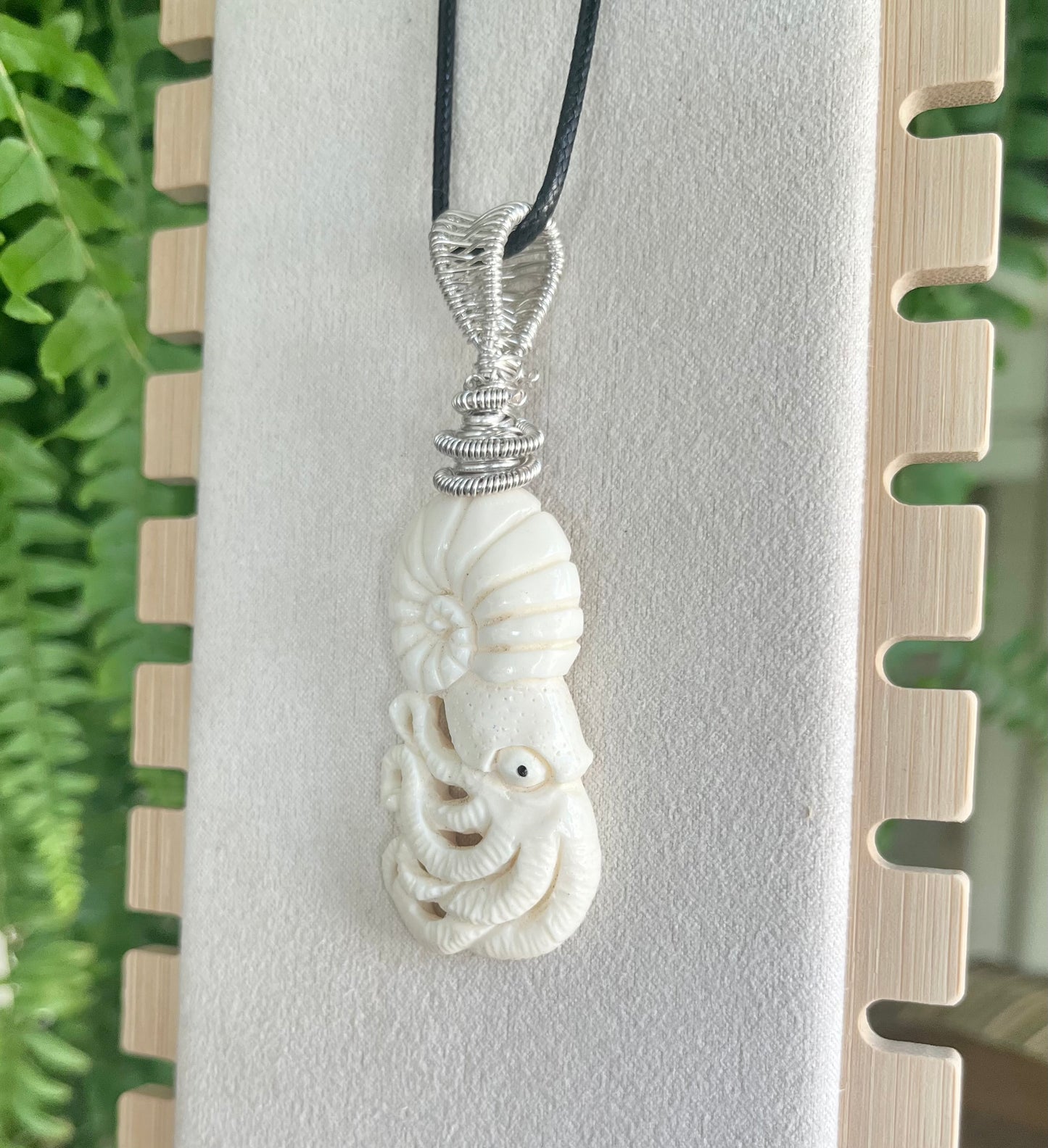 Carved Bone Squid in silver wire, pendant/necklace