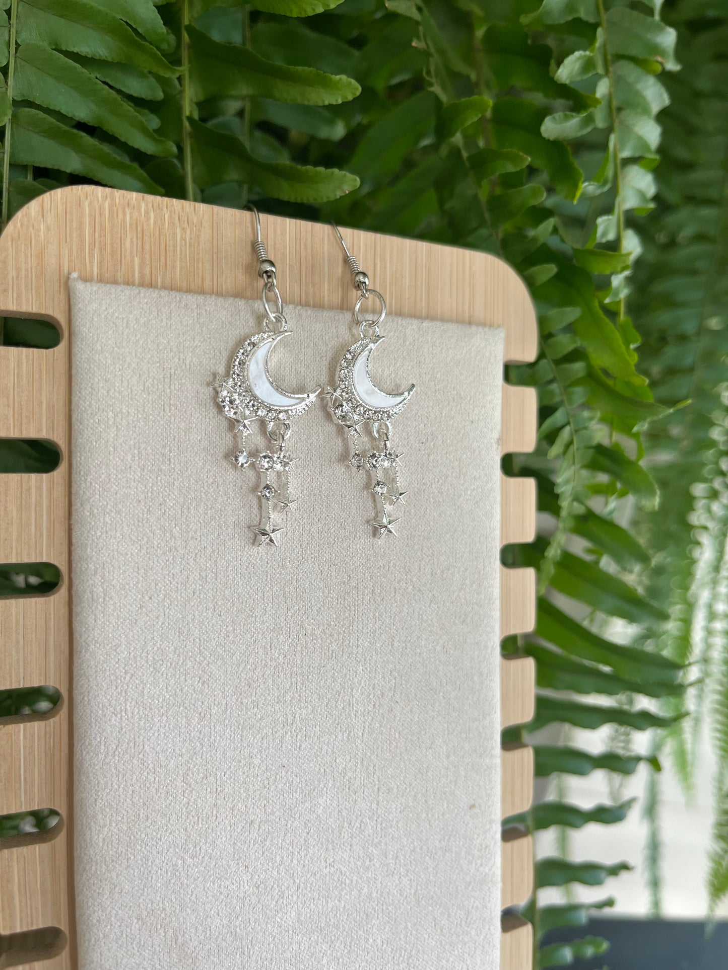 Sparking Crescent Moon & Star Earrings on silver stainless steel hooks