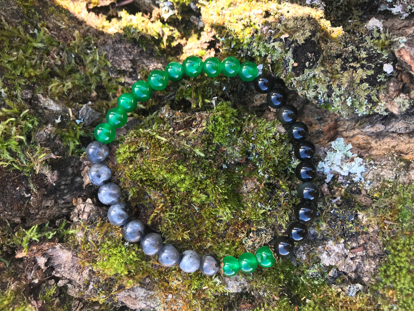 “Protection” Stretchy Bracelet with Black Labradorite, Green Jade, Obsidian beads