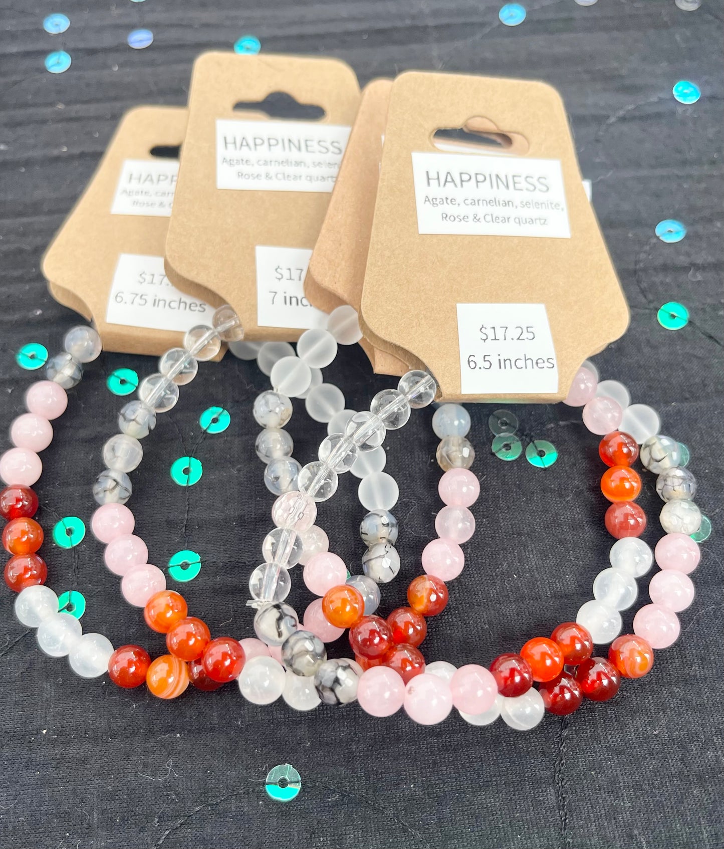 “Happiness “Manifestation Bracelet - Agate, Carnelian, Rose Quartz, Selenite & Clear Quartz