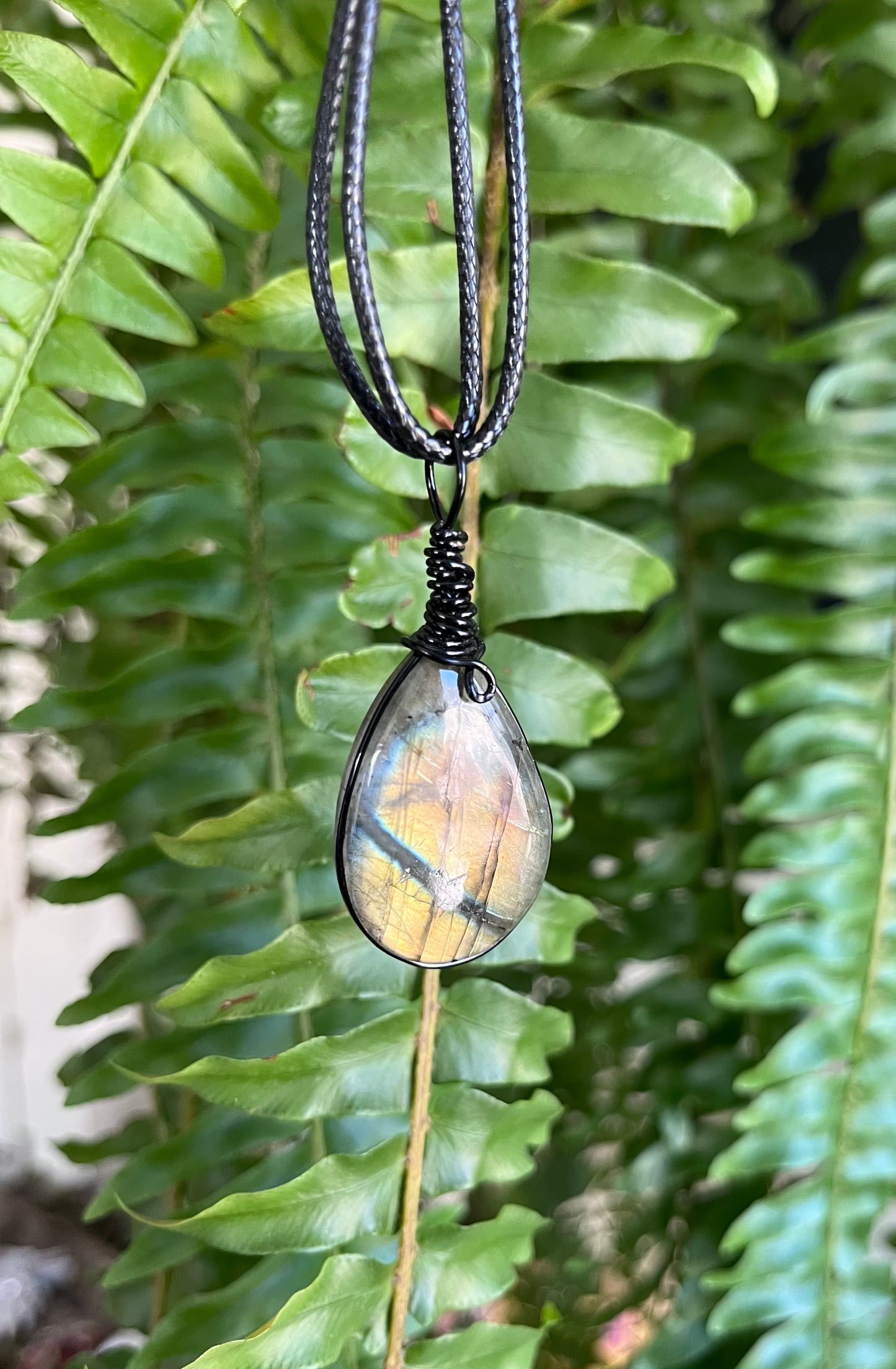 Golden Flash Labradorite Necklace – Hand Etched & Black Wire Wrapped Statement Pendant