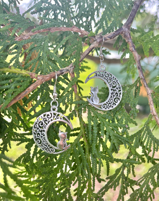 Cat on Crescent Moon Earrings on silver stainless steel hooks