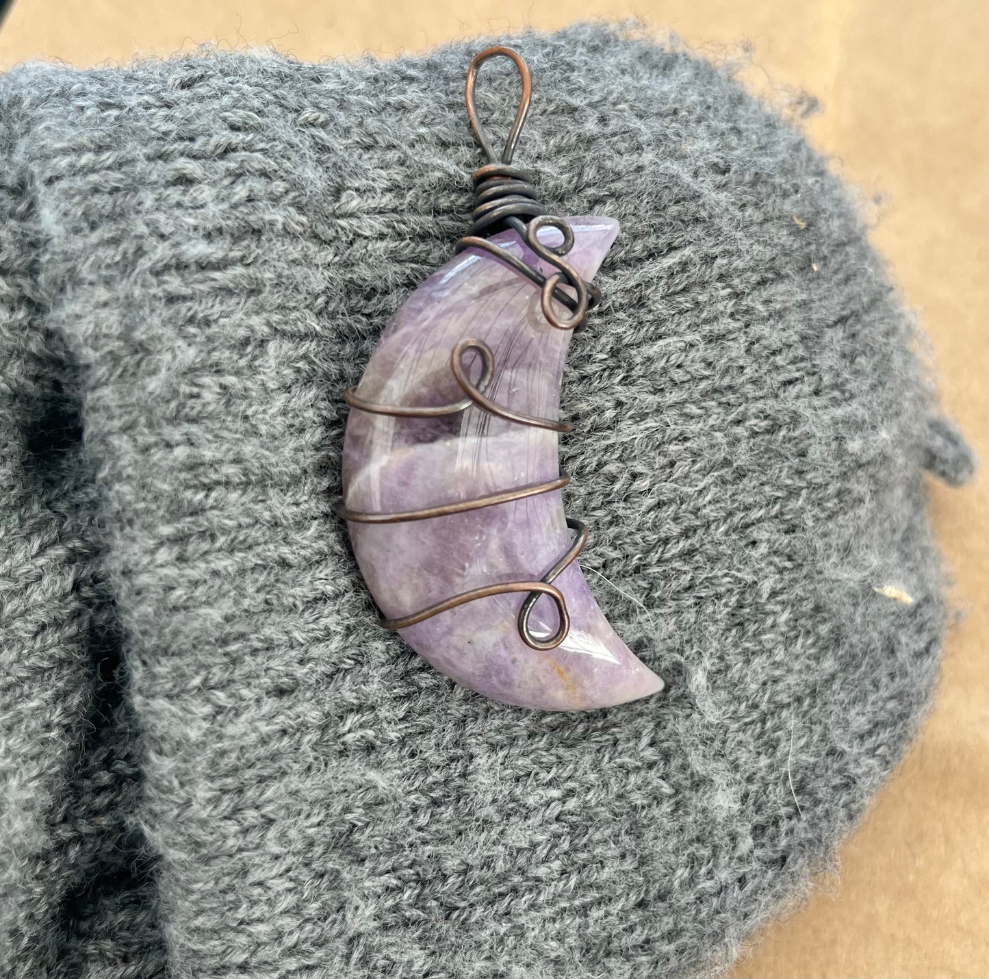 Amethyst Crescent Moon Pendant | Copper Wire-Wrapped | Intuition & Calm