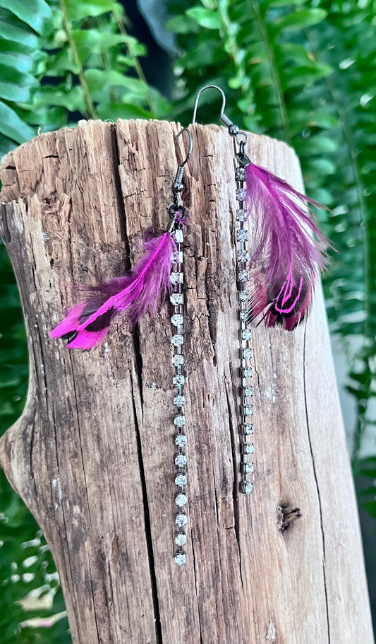 Magenta Feather & Rhinestone Chain Statement Earrings
