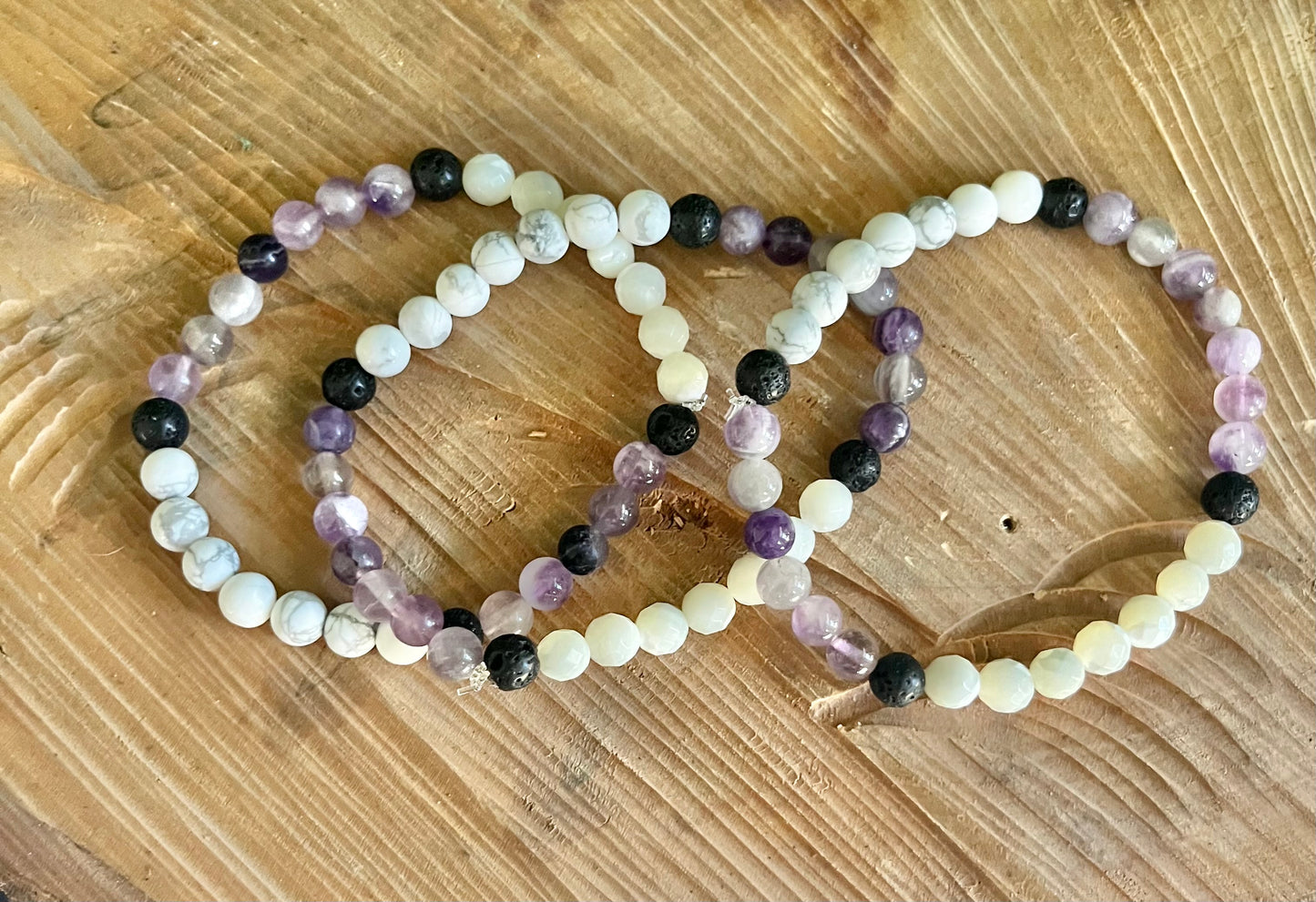 “Reduce Anxiety” Stretchy Bracelet with Amethyst, Howlite, Moonstone, & Lava Beads